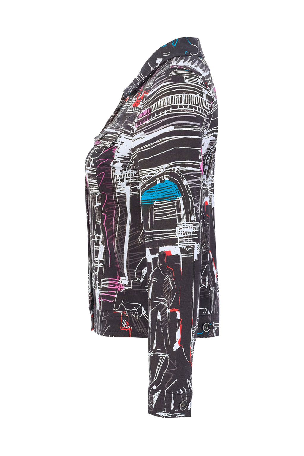 Dotique Dolcezza 76646 assorted cityscape print knit jacket with a classic collar, button fastening and chest pockets.