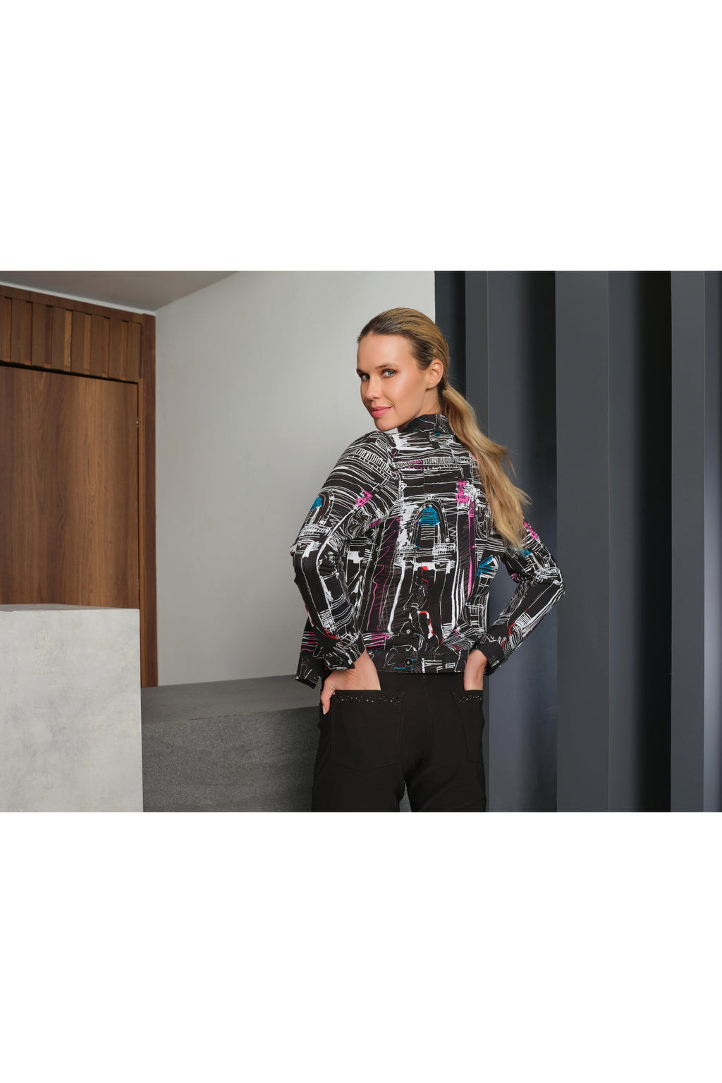 Dotique Dolcezza 76646 assorted cityscape print knit jacket with a classic collar, button fastening and chest pockets.