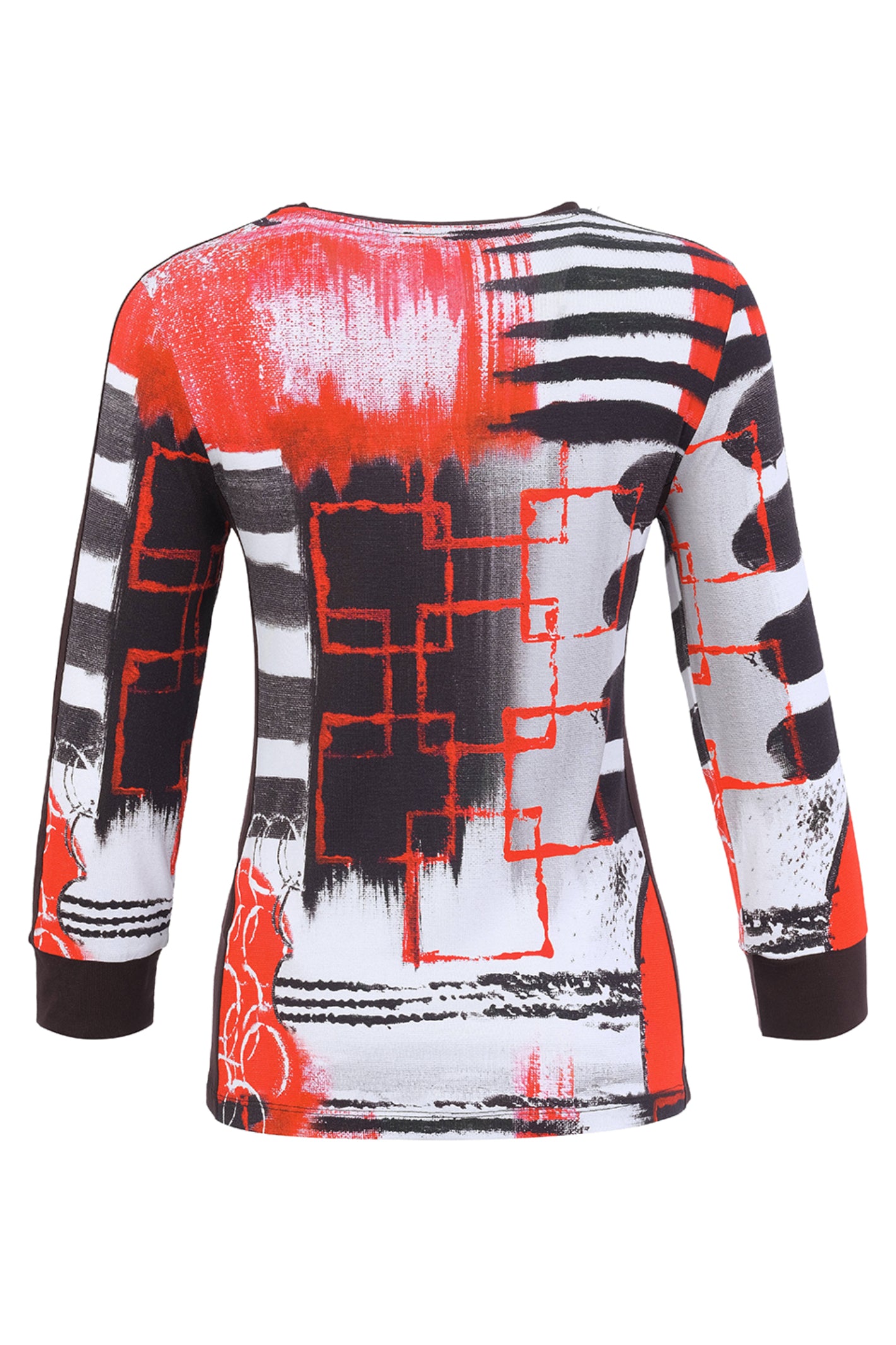 Dotique Dolcezza 76690 assorted knit jumper featuring an abstract red, black, white and grey artistic print with a round neckline.