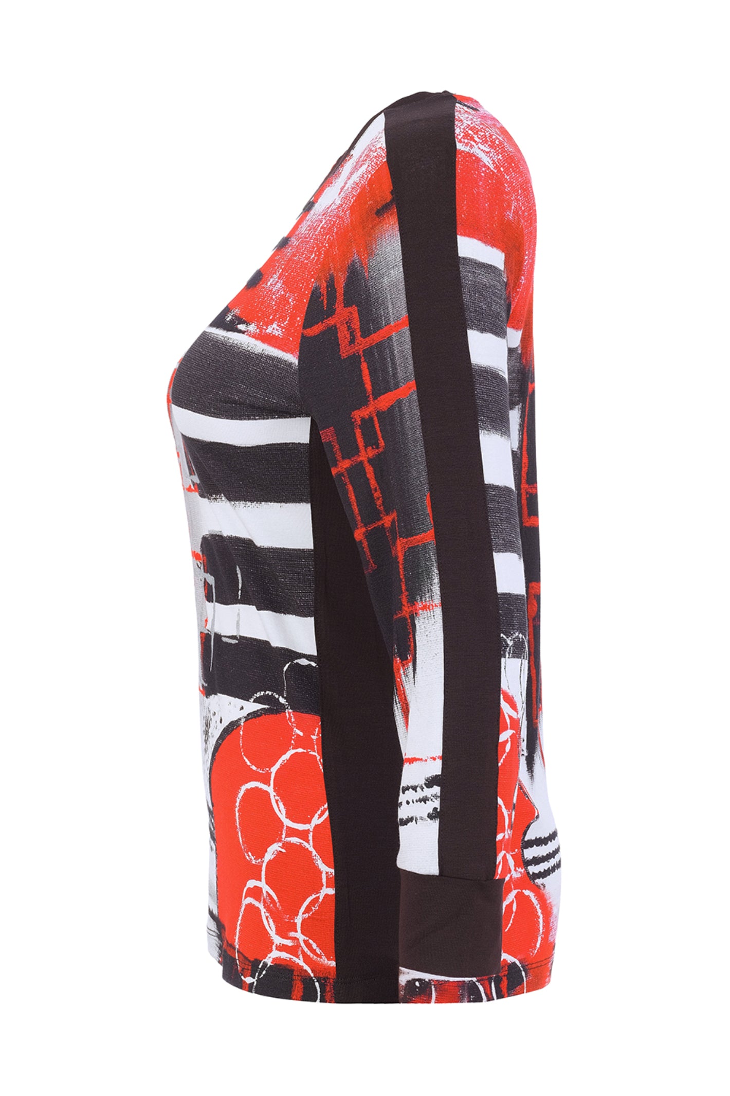 Dotique Dolcezza 76690 assorted knit jumper featuring an abstract red, black, white and grey artistic print with a round neckline.