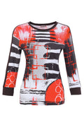 Dotique Dolcezza 76690 assorted knit jumper featuring an abstract red, black, white and grey artistic print with a round neckline.