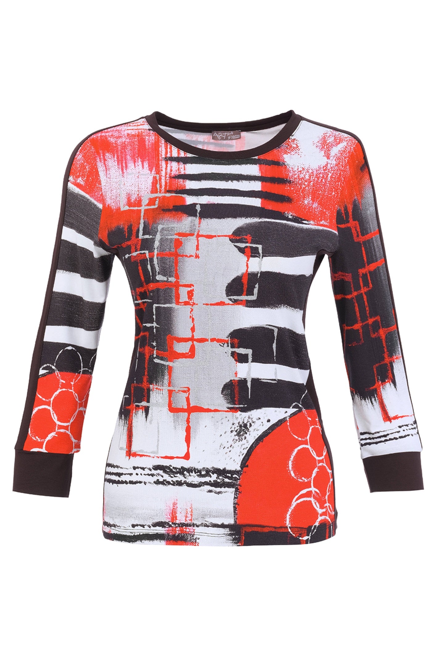 Dotique Dolcezza 76690 assorted knit jumper featuring an abstract red, black, white and grey artistic print with a round neckline.