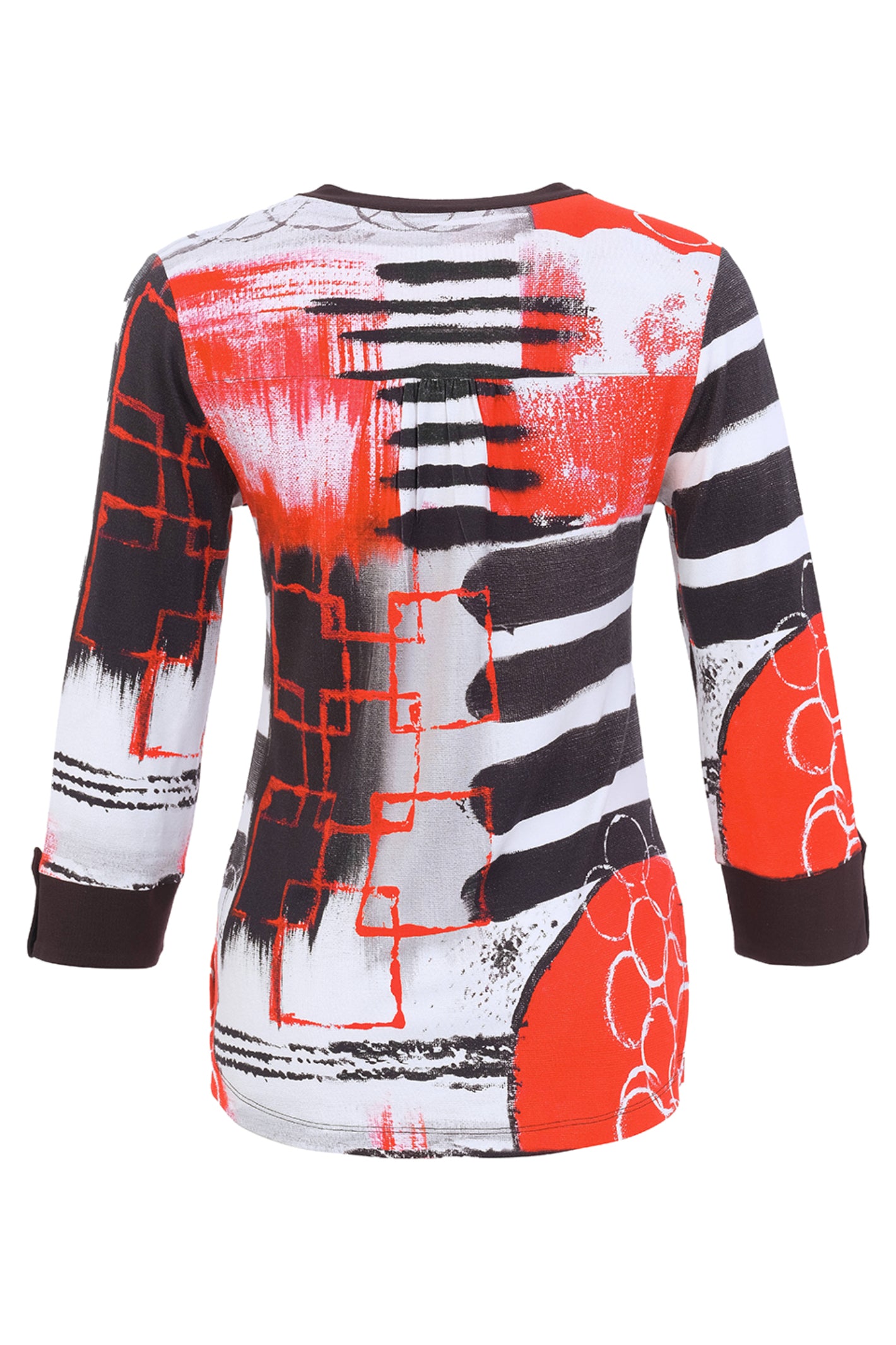 Dotique Dolcezza 76691 assorted knit jumper featuring an abstract red, black, white and grey artistic print with a notch V-neckline.