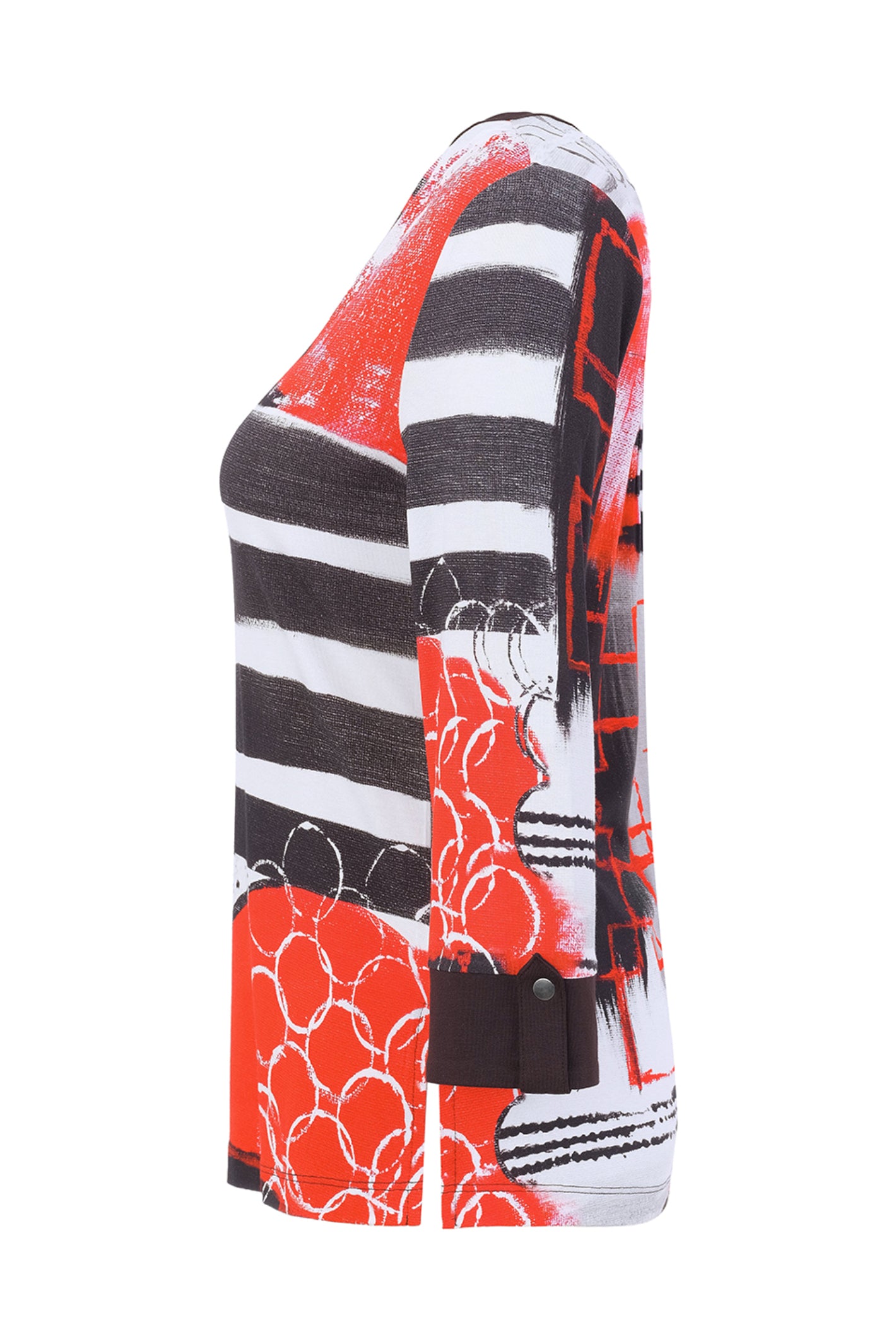 Dotique Dolcezza 76691 assorted knit jumper featuring an abstract red, black, white and grey artistic print with a notch V-neckline.