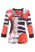 Dotique Dolcezza 76691 assorted knit jumper featuring an abstract red, black, white and grey artistic print with a notch V-neckline.