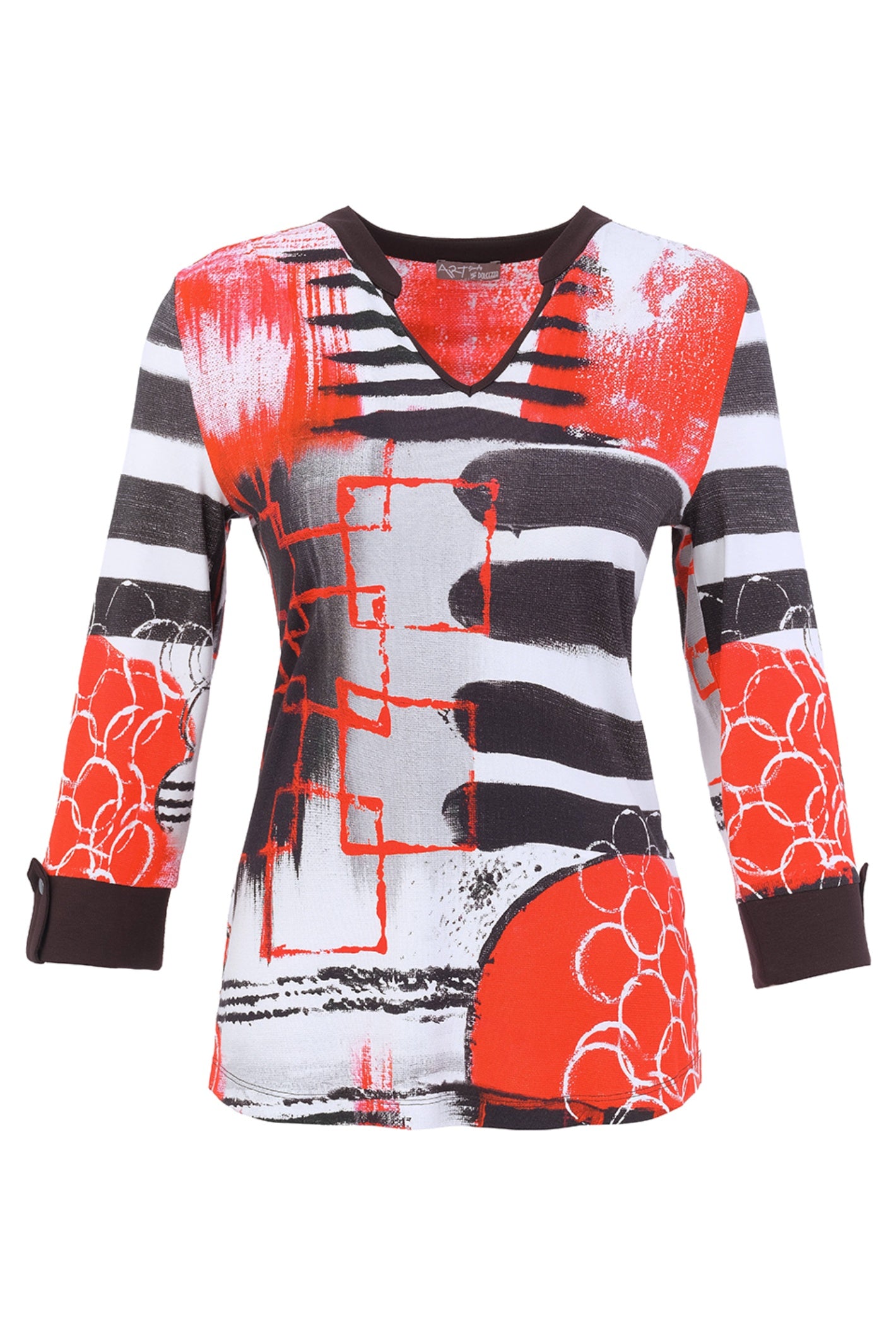 Dotique Dolcezza 76691 assorted knit jumper featuring an abstract red, black, white and grey artistic print with a notch V-neckline.