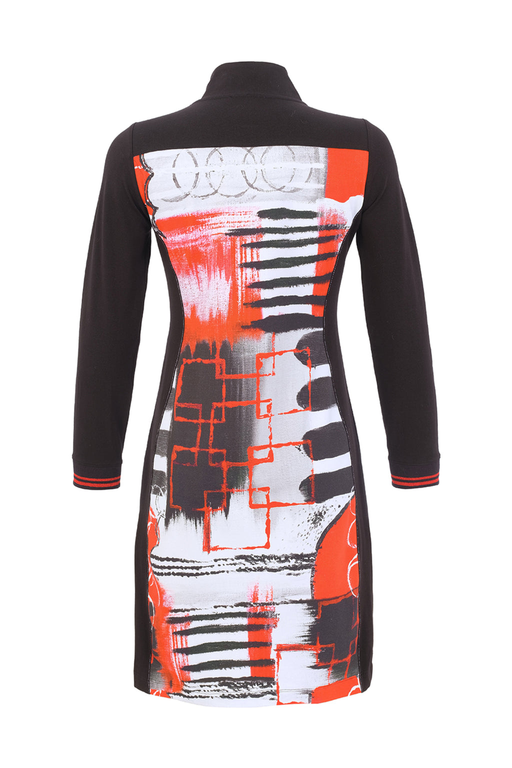 Dotique Dolcezza 76695 assorted knit dress with a zip front, stand collar and bold red, black, white and grey abstract print.