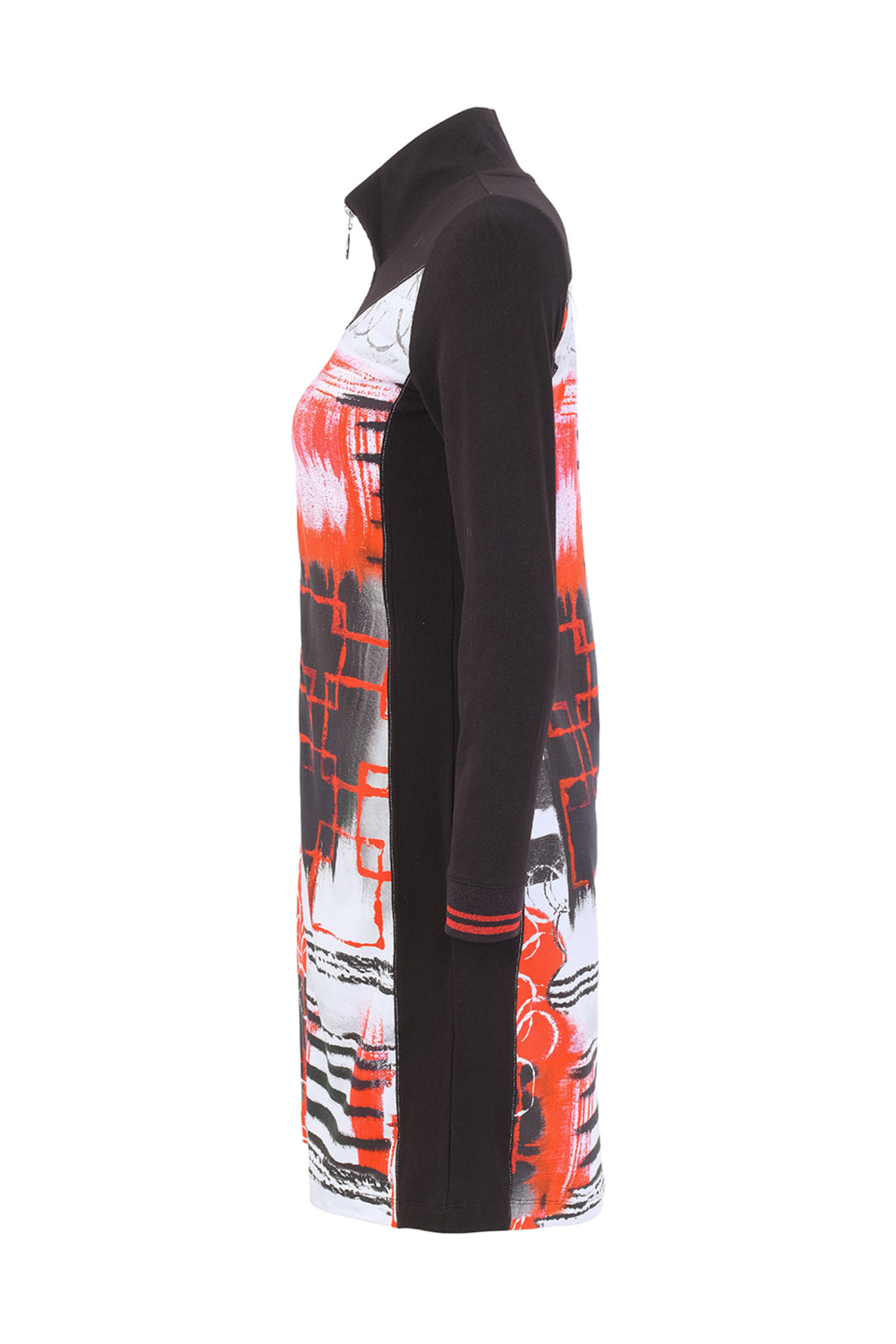 Dotique Dolcezza 76695 assorted knit dress with a zip front, stand collar and bold red, black, white and grey abstract print.