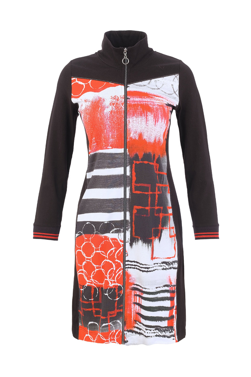 Dotique Dolcezza 76695 assorted knit dress with a zip front, stand collar and bold red, black, white and grey abstract print.