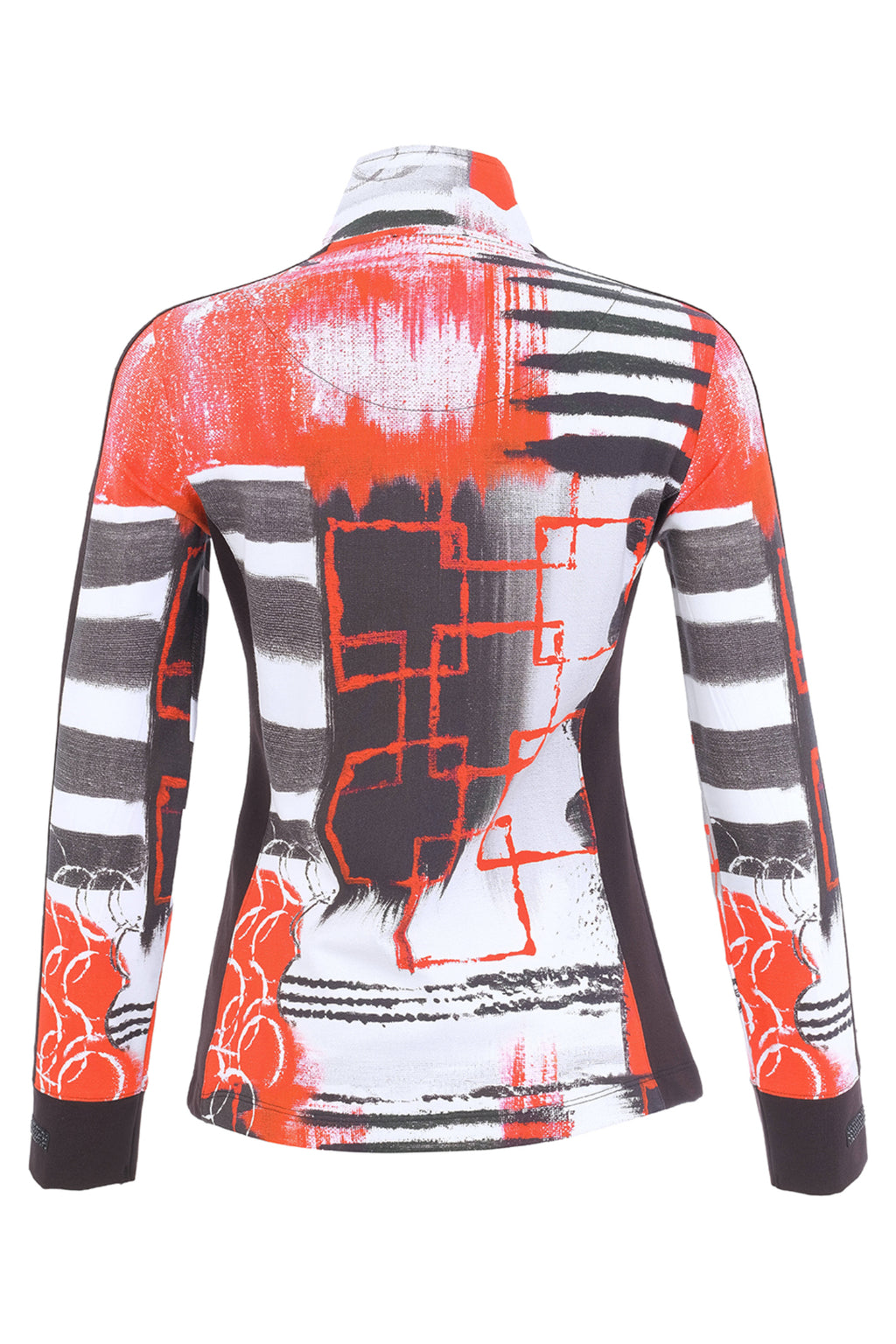 Dotique Dolcezza 76696 assorted knit jacket with a stand collar, full zip fastening and bold red, black and white abstract print.