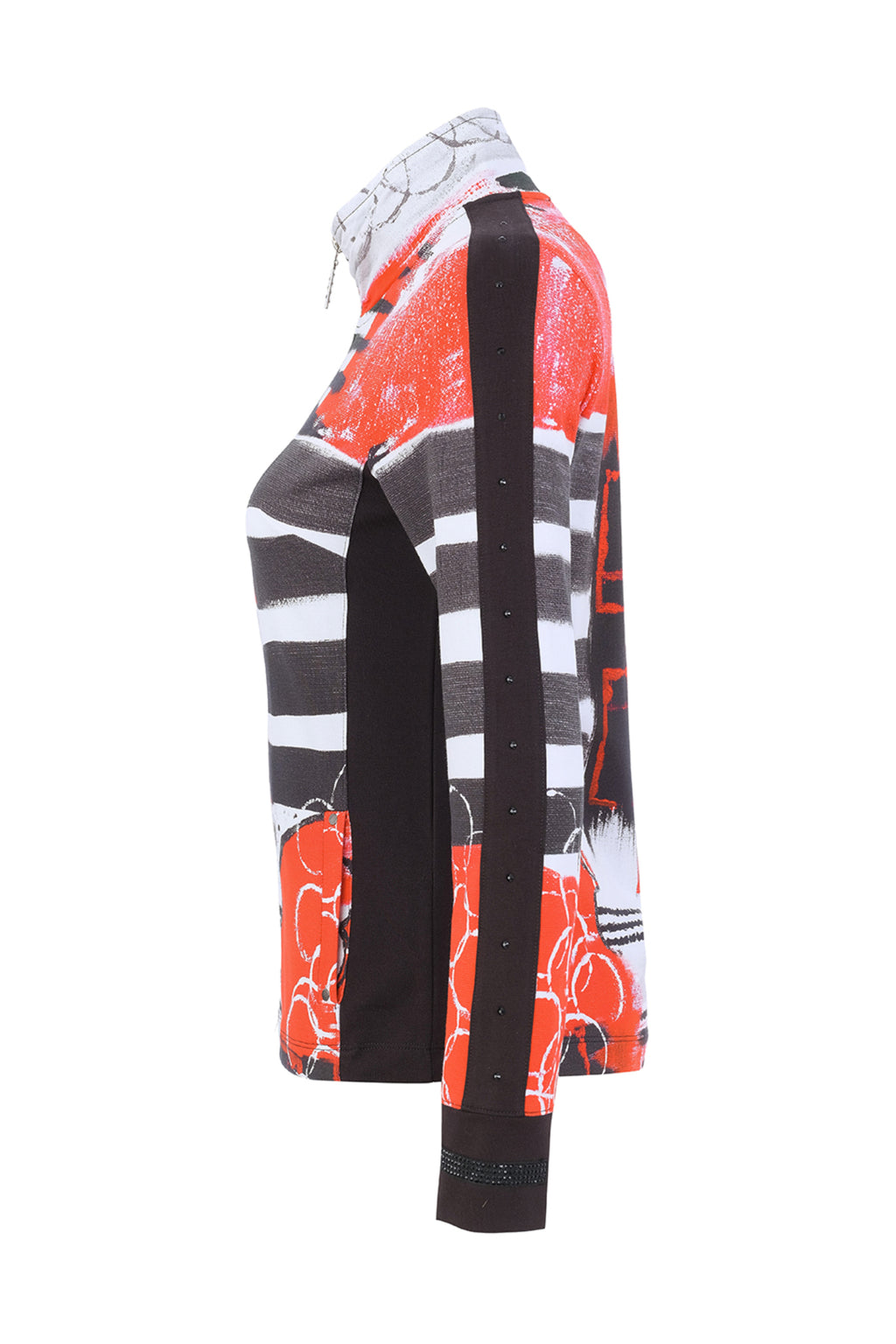 Dotique Dolcezza 76696 assorted knit jacket with a stand collar, full zip fastening and bold red, black and white abstract print.