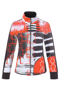 Dotique Dolcezza 76696 assorted knit jacket with a stand collar, full zip fastening and bold red, black and white abstract print.