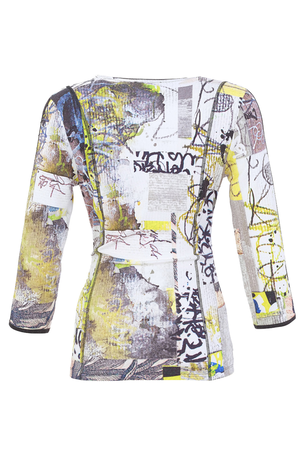 Dolcezza 76721 assorted knit jumper featuring an abstract collage print with a wrap-effect V-neck and three-quarter sleeves.