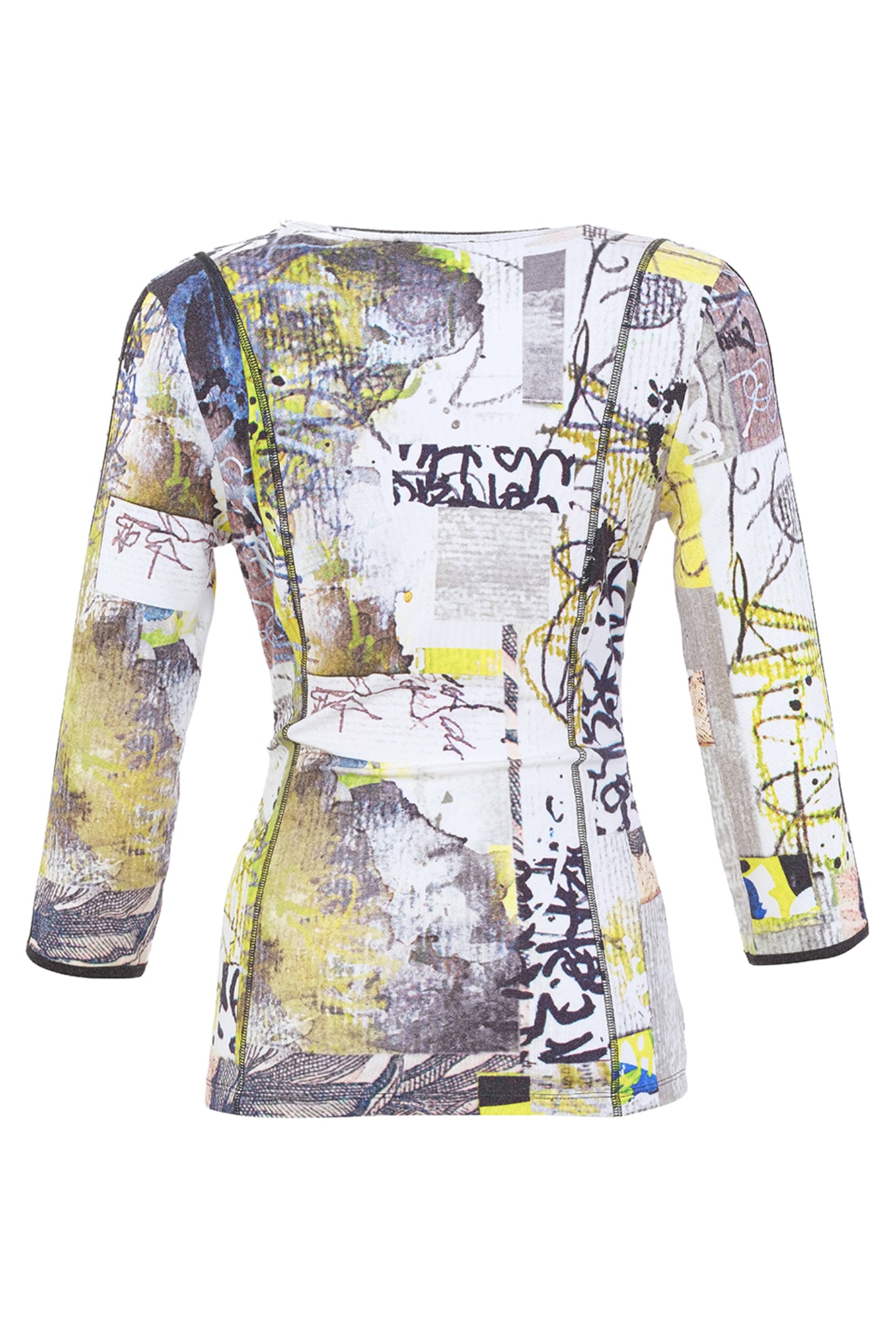 Dolcezza 76721 assorted knit jumper featuring an abstract collage print with a wrap-effect V-neck and three-quarter sleeves.