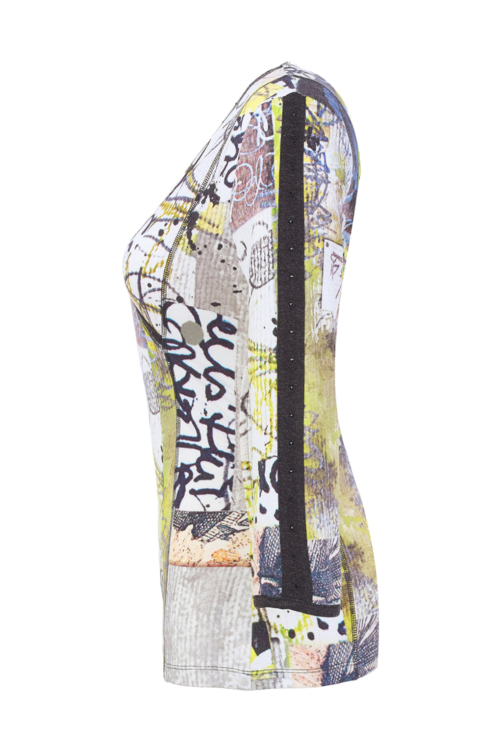 Dolcezza 76721 assorted knit jumper featuring an abstract collage print with a wrap-effect V-neck and three-quarter sleeves.