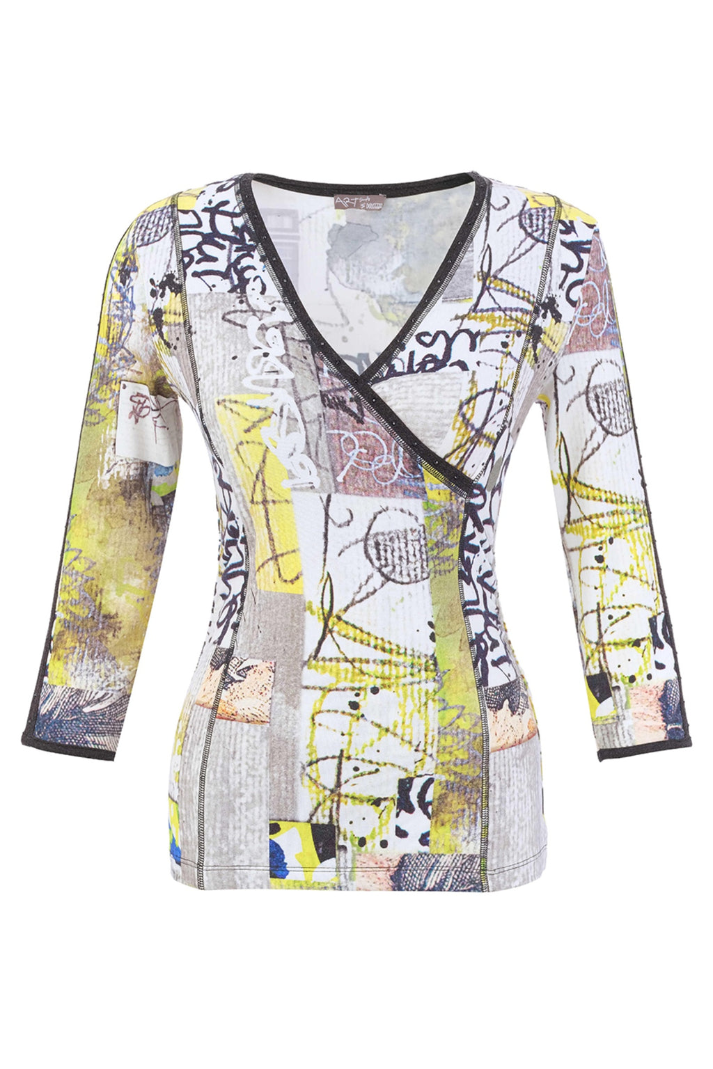 Dolcezza 76721 assorted knit jumper featuring an abstract collage print with a wrap-effect V-neck and three-quarter sleeves.