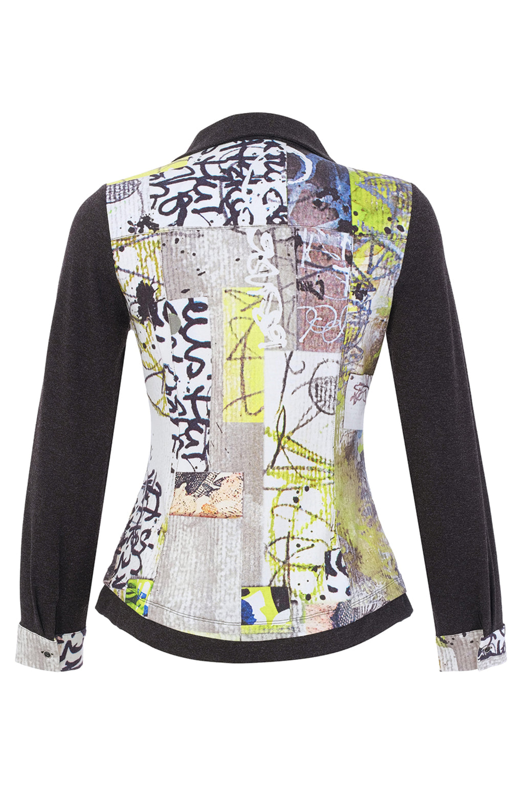 Dolcezza 76722 assorted knit blouse featuring an abstract collage print, button-through front, collar and contrasting charcoal sleeves.