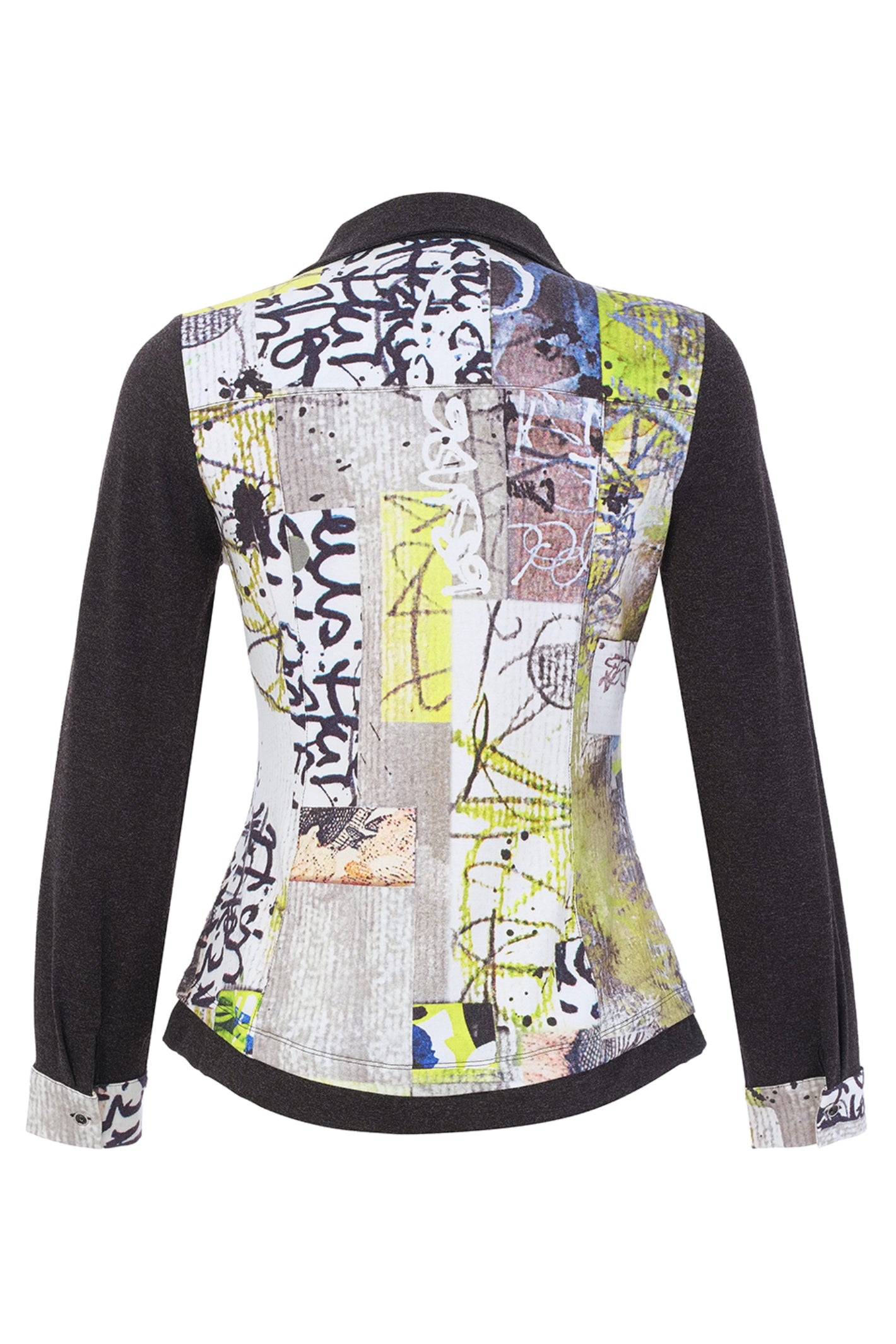 Dolcezza 76722 assorted knit blouse featuring an abstract collage print, button-through front, collar and contrasting charcoal sleeves.