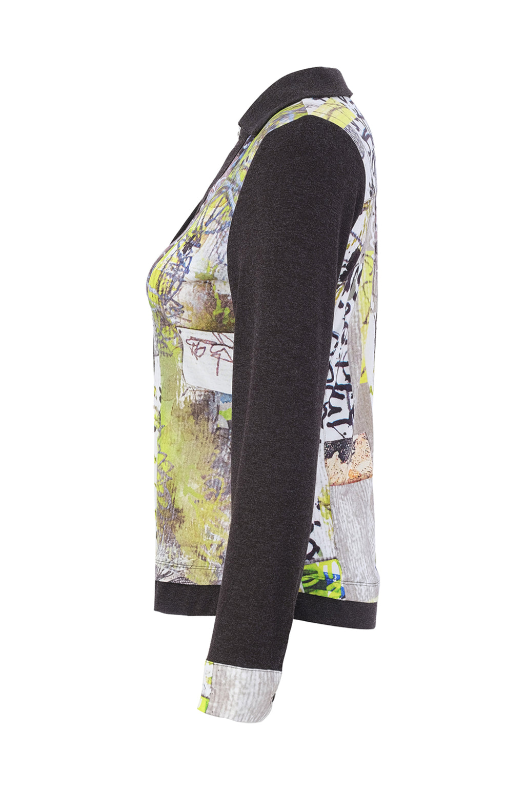 Dolcezza 76722 assorted knit blouse featuring an abstract collage print, button-through front, collar and contrasting charcoal sleeves.