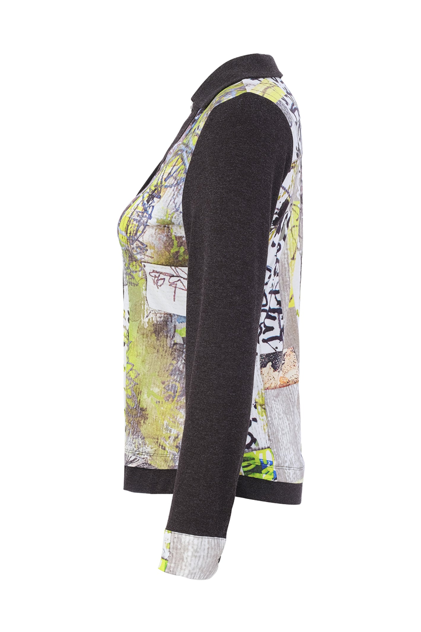 Dolcezza 76722 assorted knit blouse featuring an abstract collage print, button-through front, collar and contrasting charcoal sleeves.