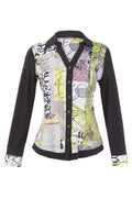 Dolcezza 76722 assorted knit blouse featuring an abstract collage print, button-through front, collar and contrasting charcoal sleeves.