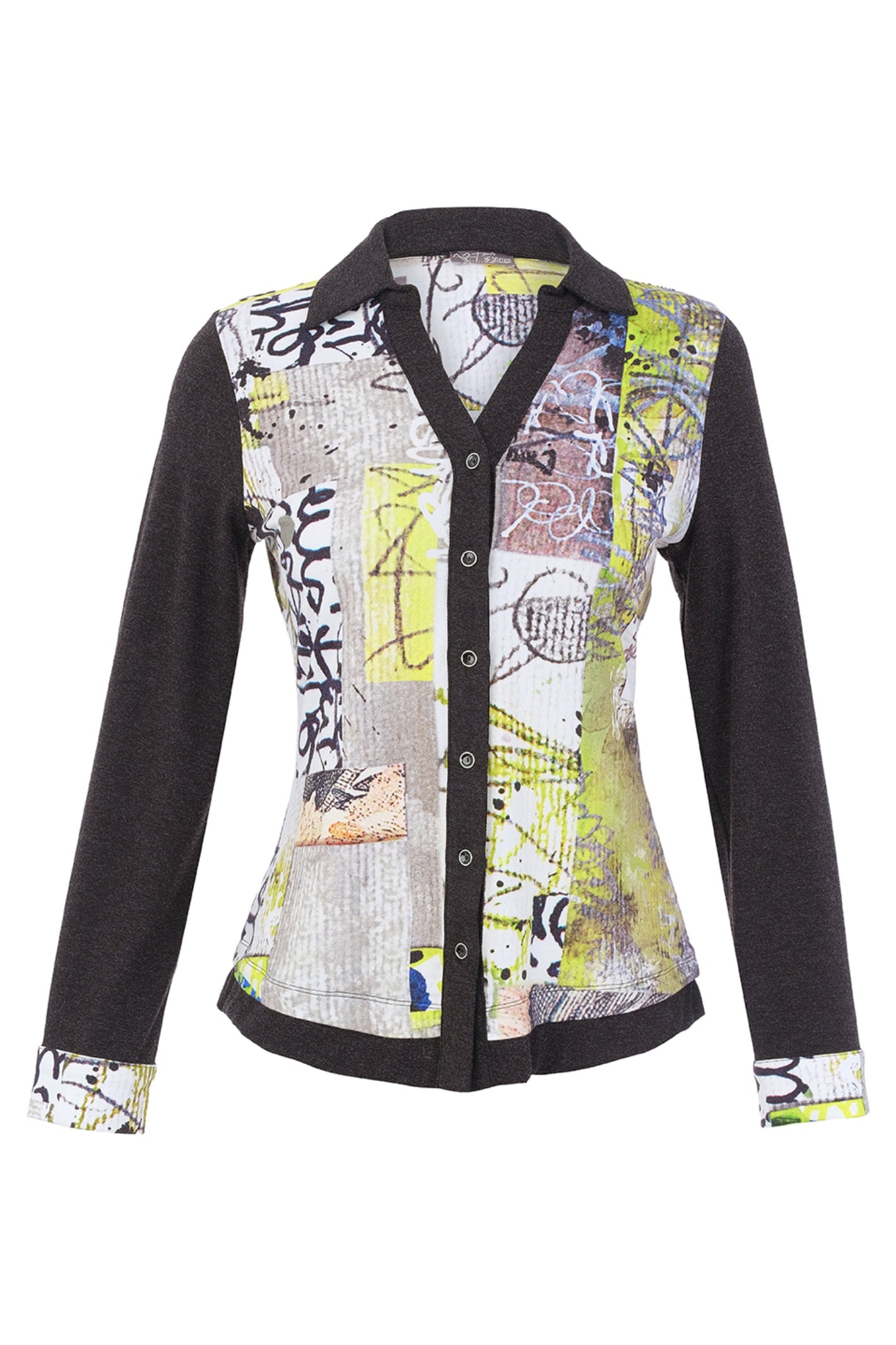 Dolcezza 76722 assorted knit blouse featuring an abstract collage print, button-through front, collar and contrasting charcoal sleeves.