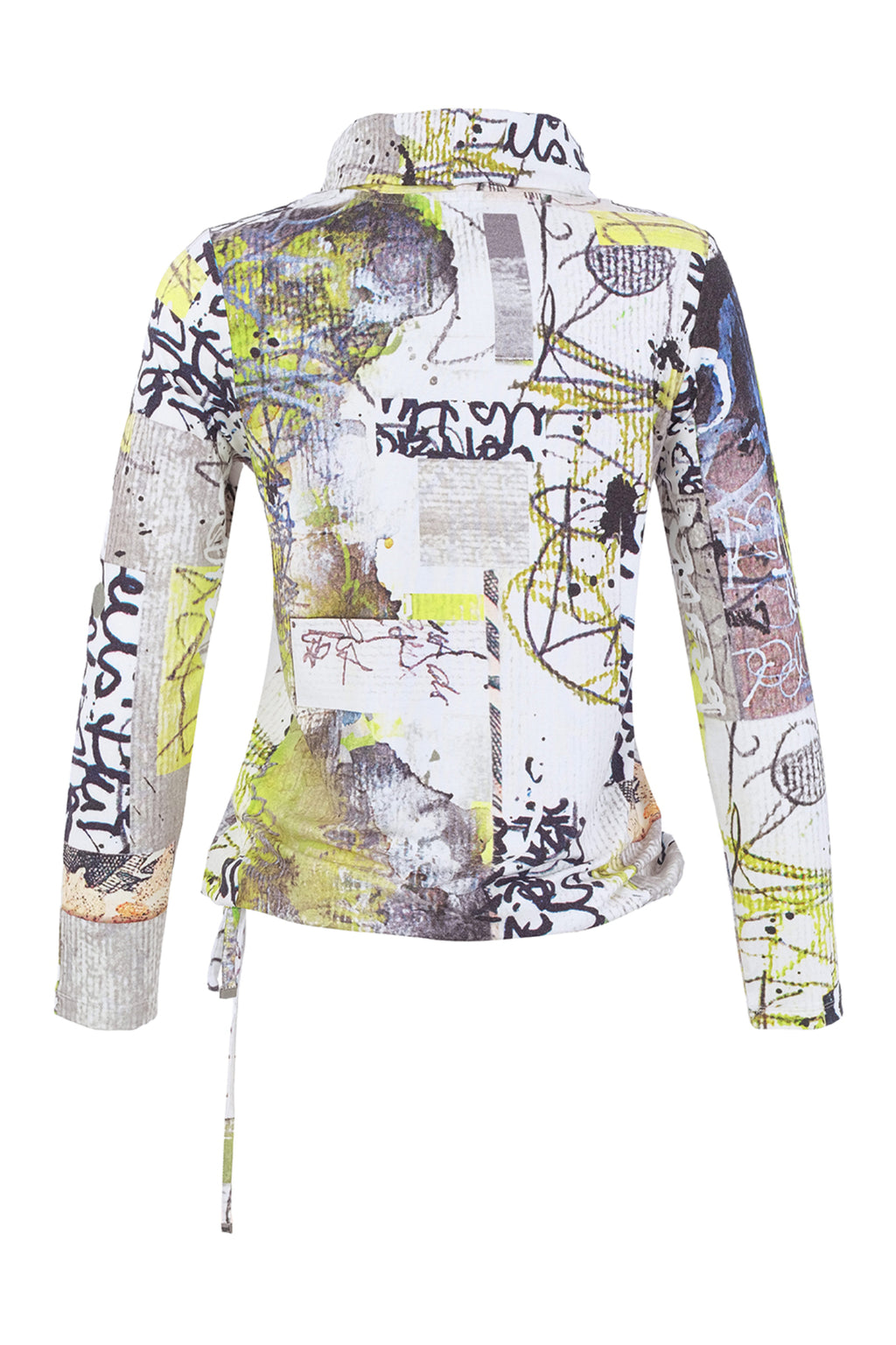 Dolcezza 76723 assorted knit jumper with an abstract collage print, soft cowl neckline and adjustable side tie.
