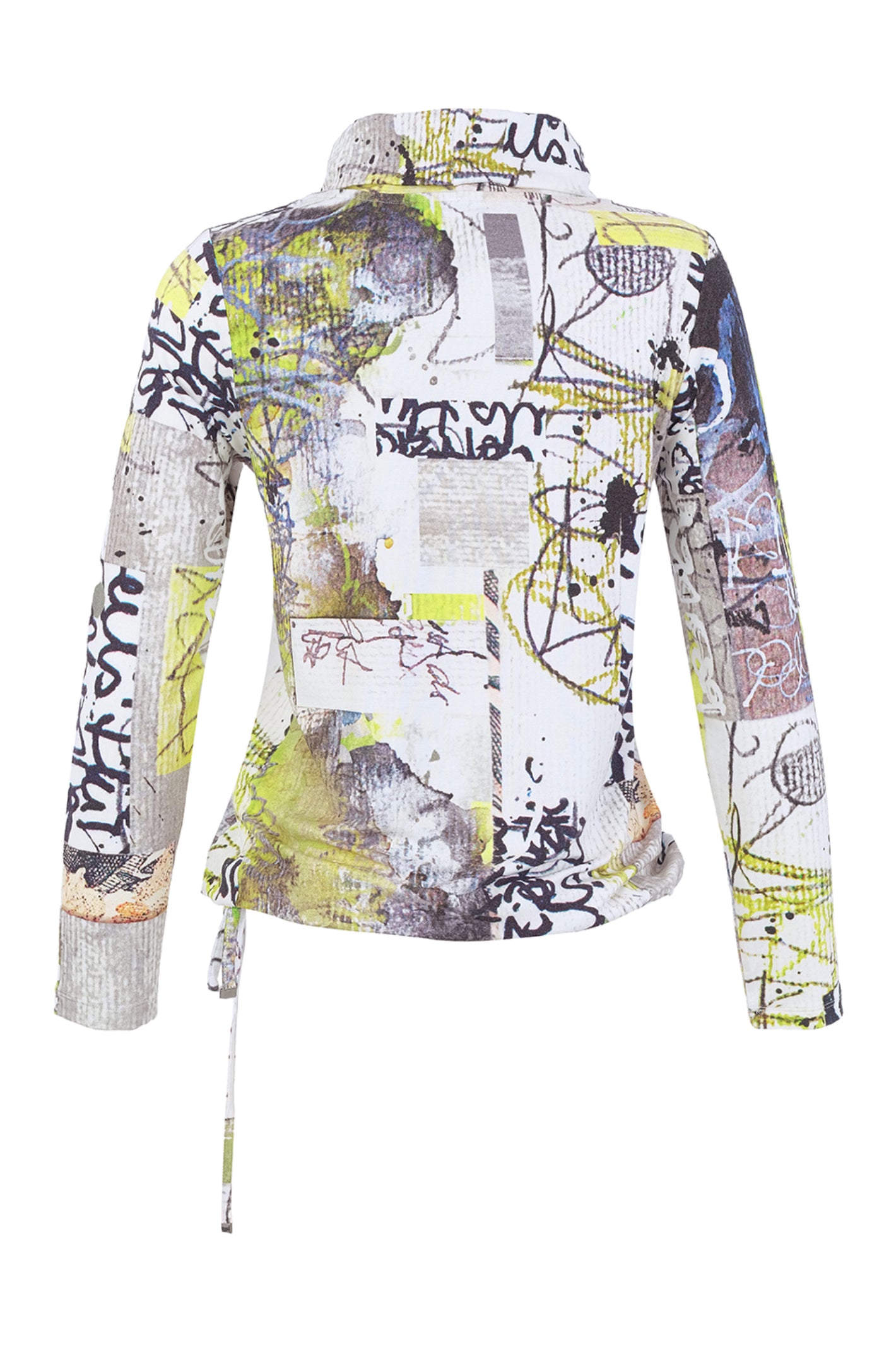 Dolcezza 76723 assorted knit jumper with an abstract collage print, soft cowl neckline and adjustable side tie.