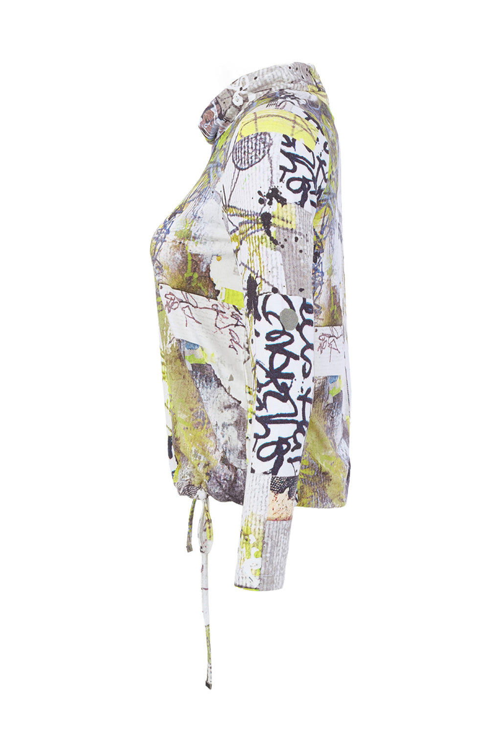 Dolcezza 76723 assorted knit jumper with an abstract collage print, soft cowl neckline and adjustable side tie.