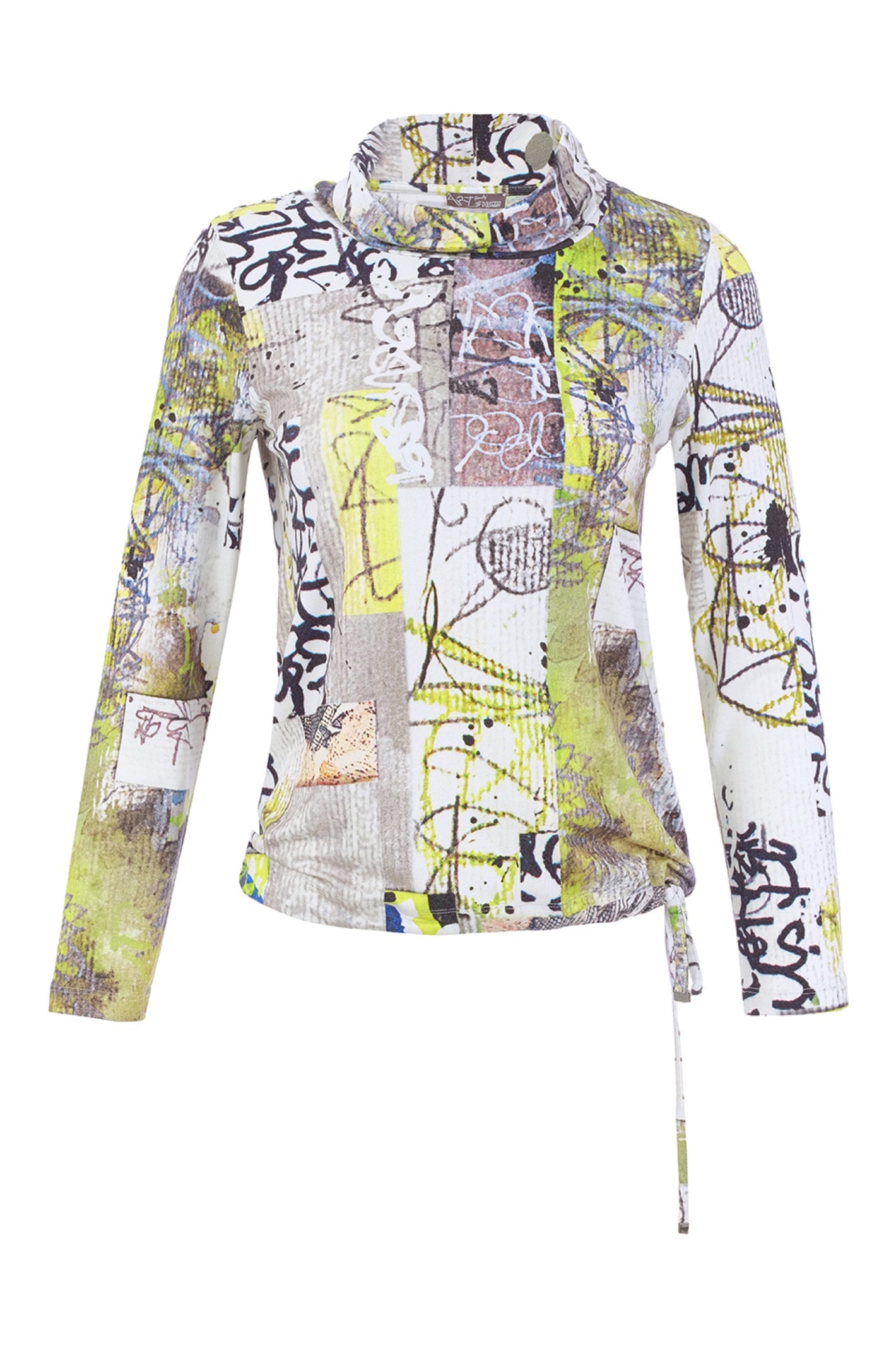 Dolcezza 76723 assorted knit jumper with an abstract collage print, soft cowl neckline and adjustable side tie.