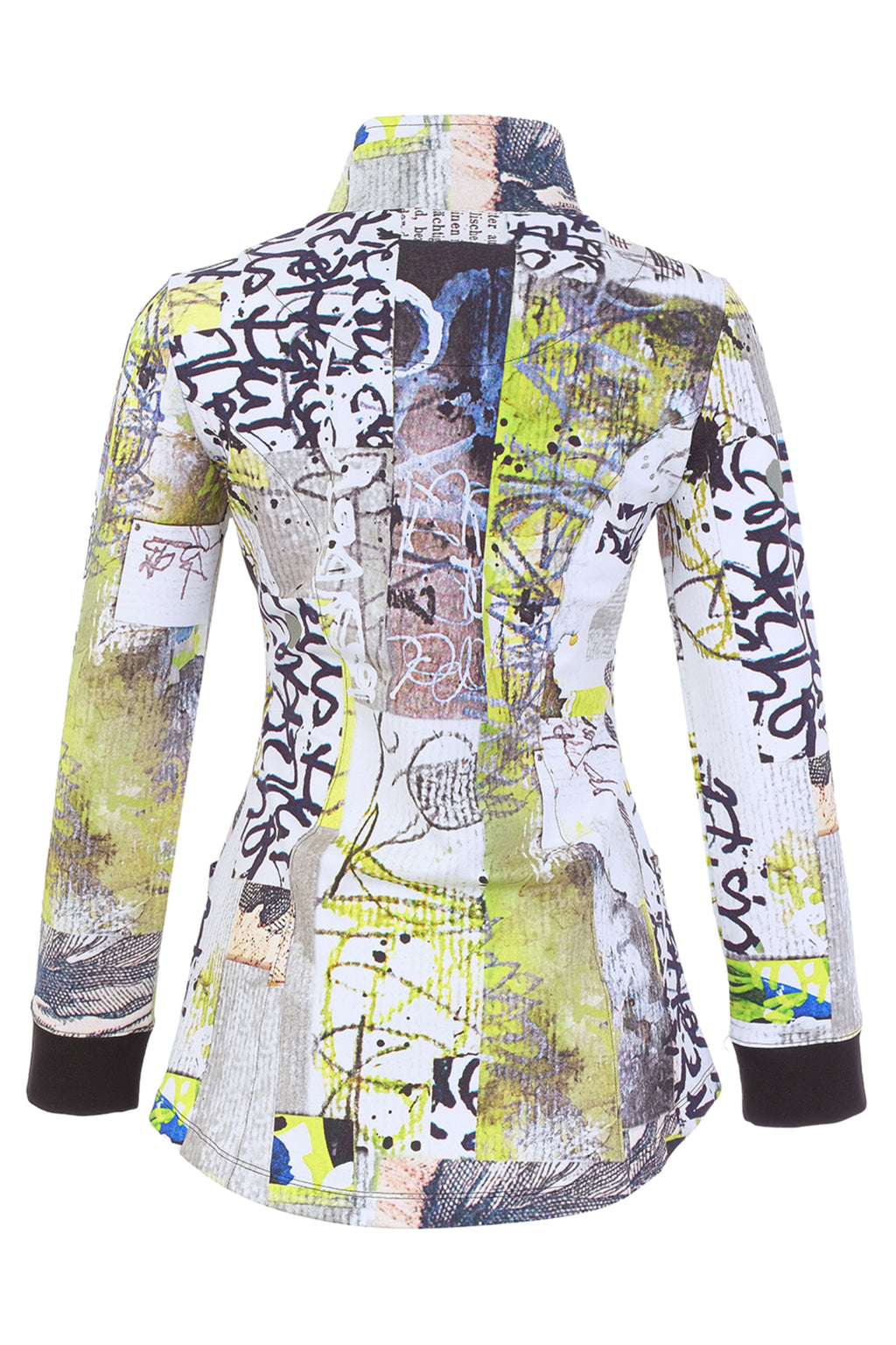 Dolcezza 76725 assorted knit jacket featuring an abstract collage print, stand collar and full zip fastening.