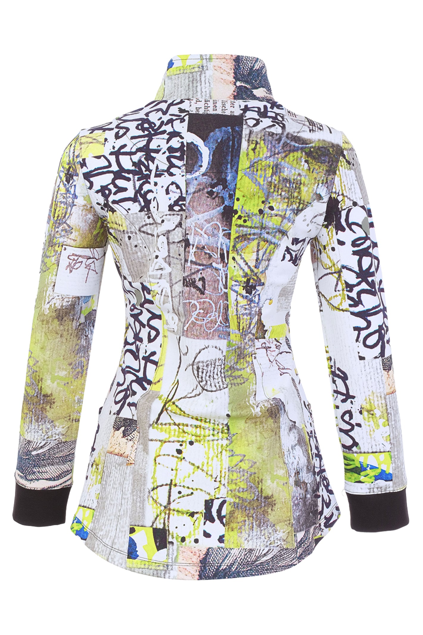 Dolcezza 76725 assorted knit jacket featuring an abstract collage print, stand collar and full zip fastening.