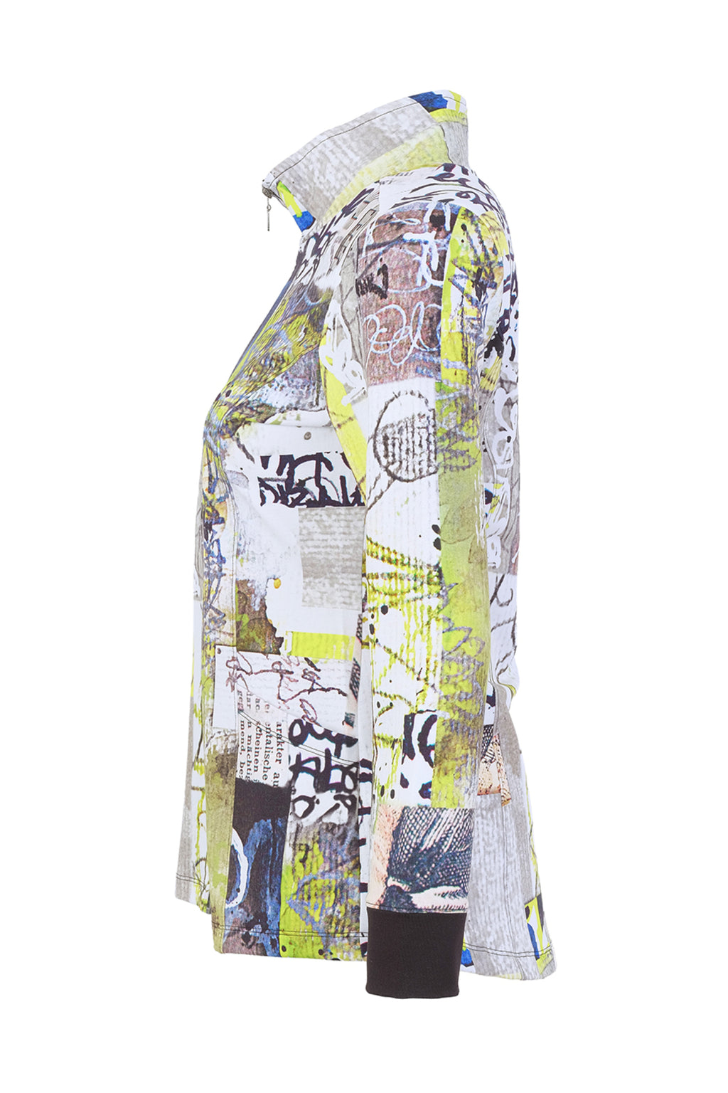 Dolcezza 76725 assorted knit jacket featuring an abstract collage print, stand collar and full zip fastening.
