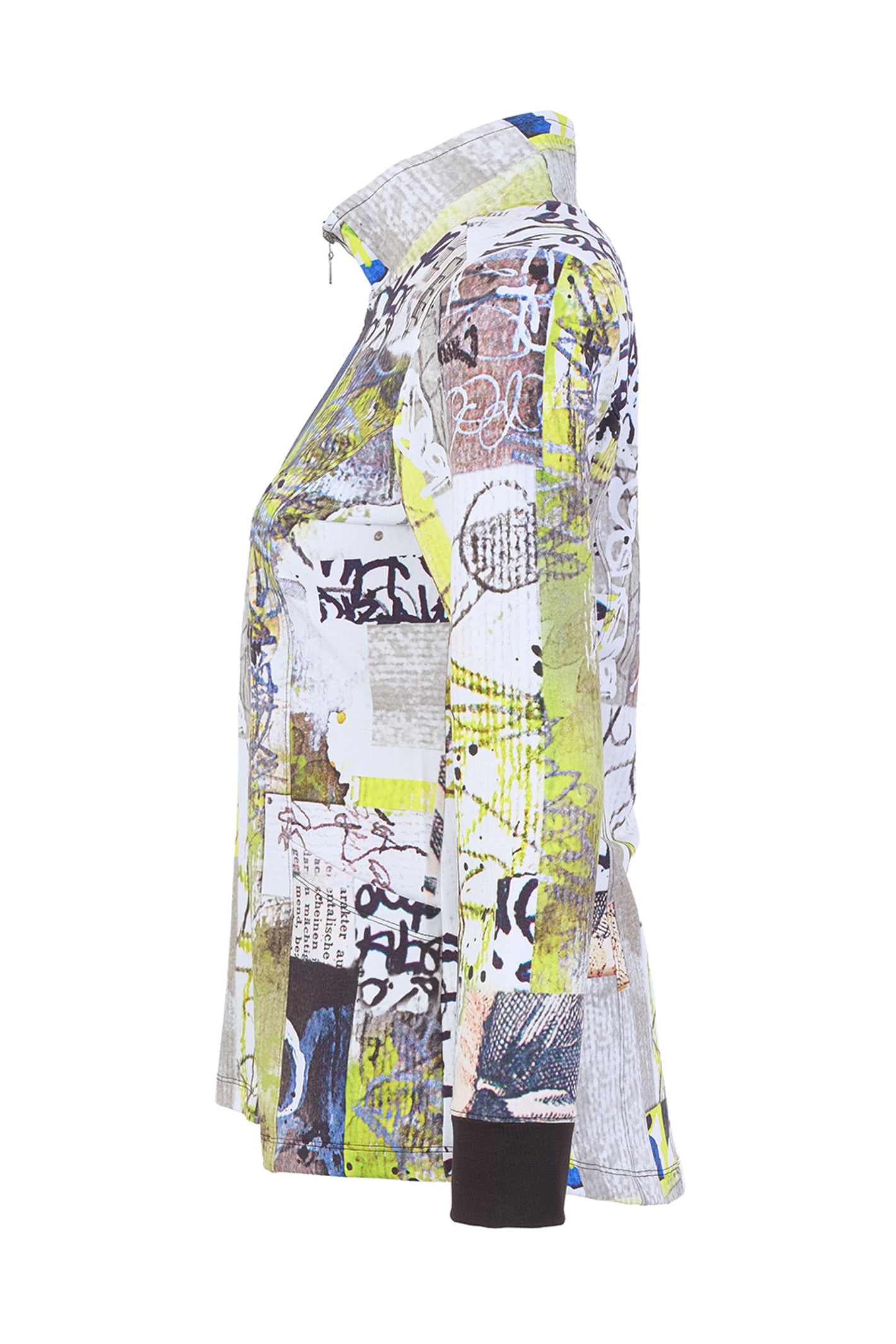 Dolcezza 76725 assorted knit jacket featuring an abstract collage print, stand collar and full zip fastening.