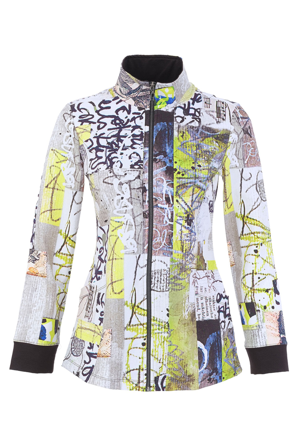 Dolcezza 76725 assorted knit jacket featuring an abstract collage print, stand collar and full zip fastening.