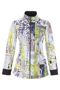 Dolcezza 76725 assorted knit jacket featuring an abstract collage print, stand collar and full zip fastening.