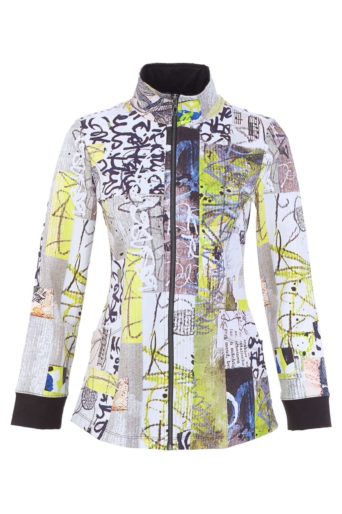 Dolcezza 76725 assorted knit jacket featuring an abstract collage print, stand collar and full zip fastening.