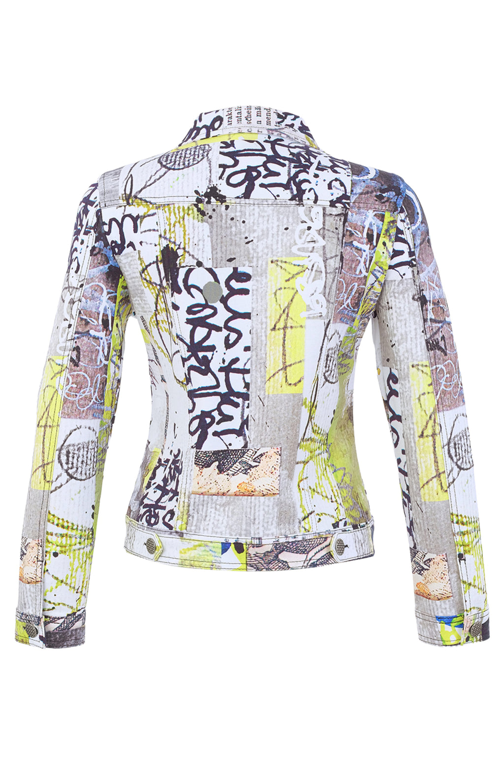 Dolcezza 76726 assorted knit jacket with an abstract collage print, classic collar, chest pockets and button-through front.