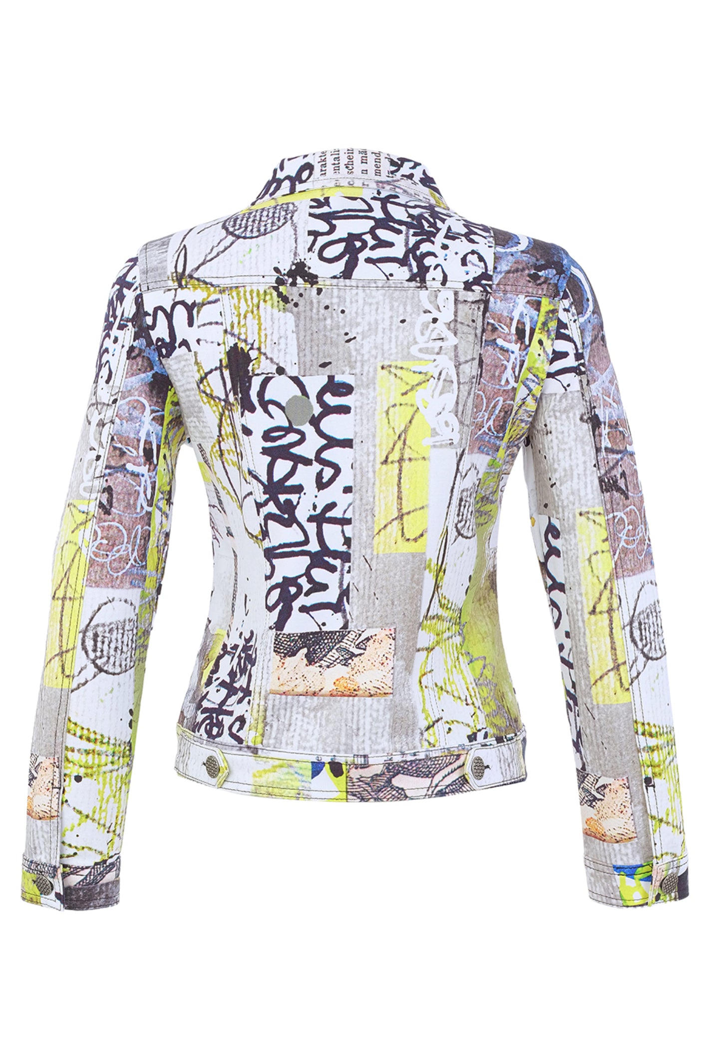 Dolcezza 76726 assorted knit jacket with an abstract collage print, classic collar, chest pockets and button-through front.