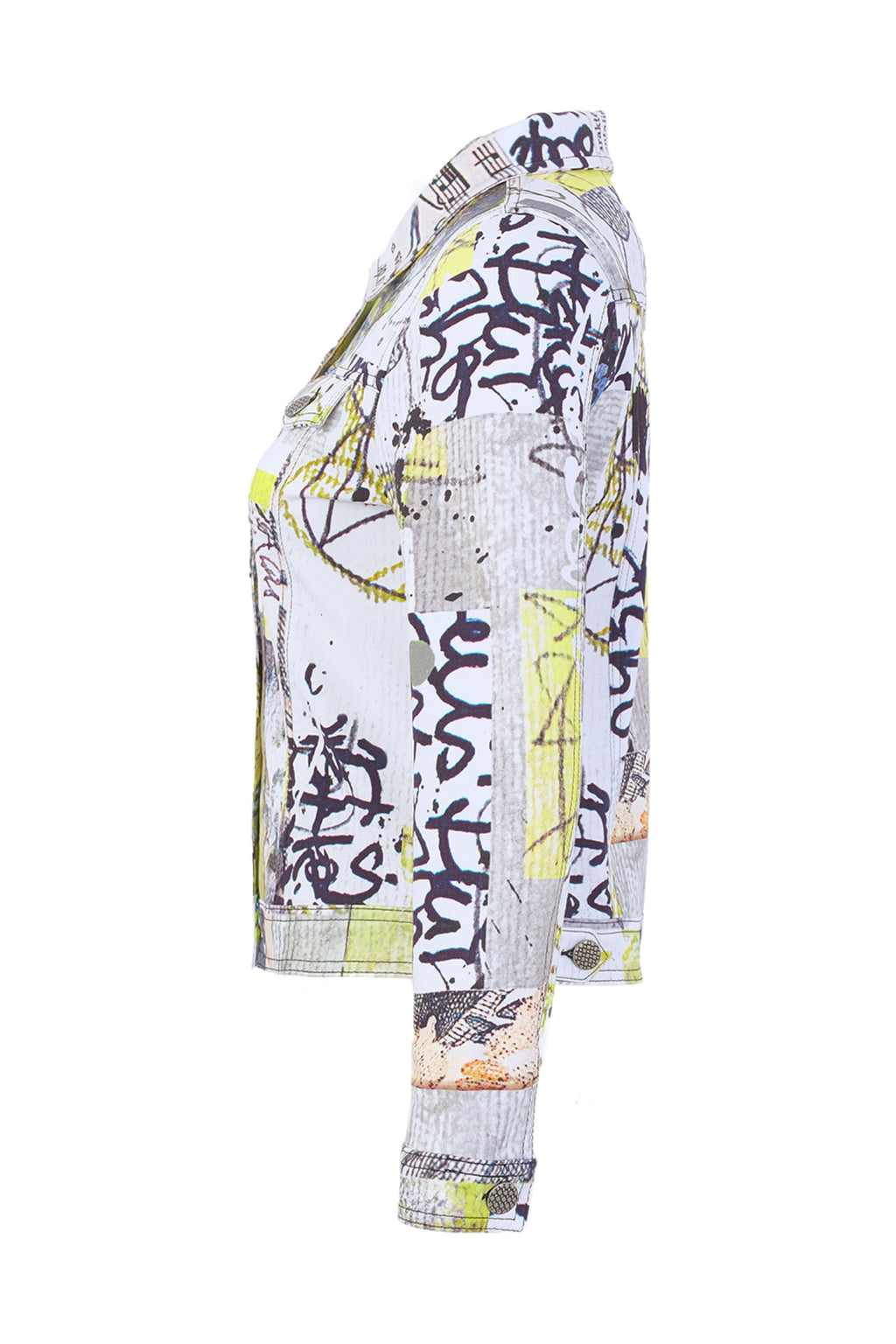 Dolcezza 76726 assorted knit jacket with an abstract collage print, classic collar, chest pockets and button-through front.