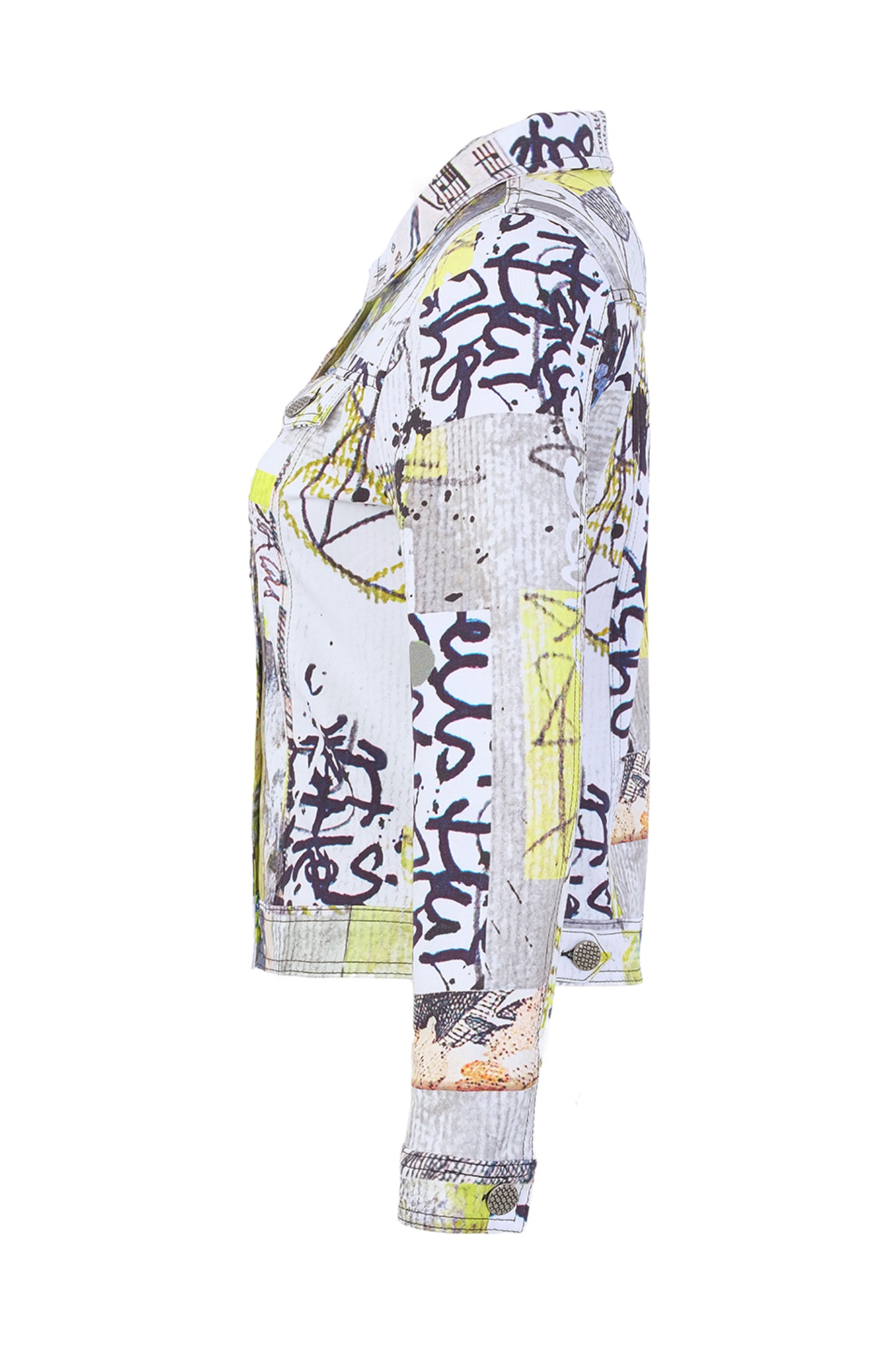 Dolcezza 76726 assorted knit jacket with an abstract collage print, classic collar, chest pockets and button-through front.