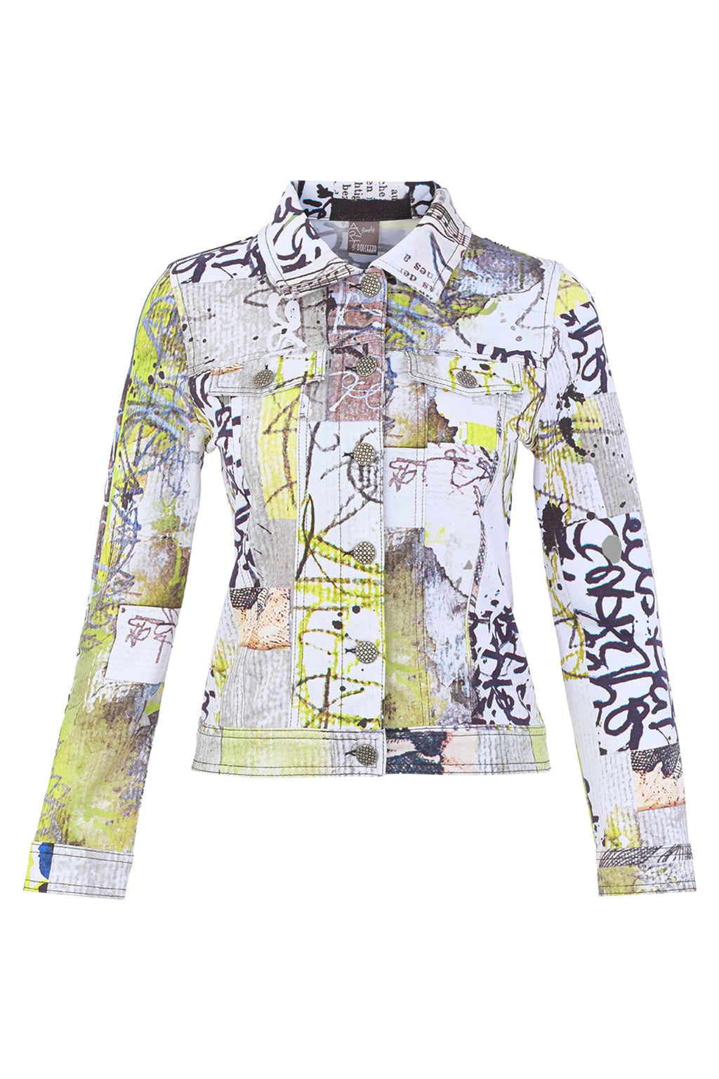Dolcezza 76726 assorted knit jacket with an abstract collage print, classic collar, chest pockets and button-through front.