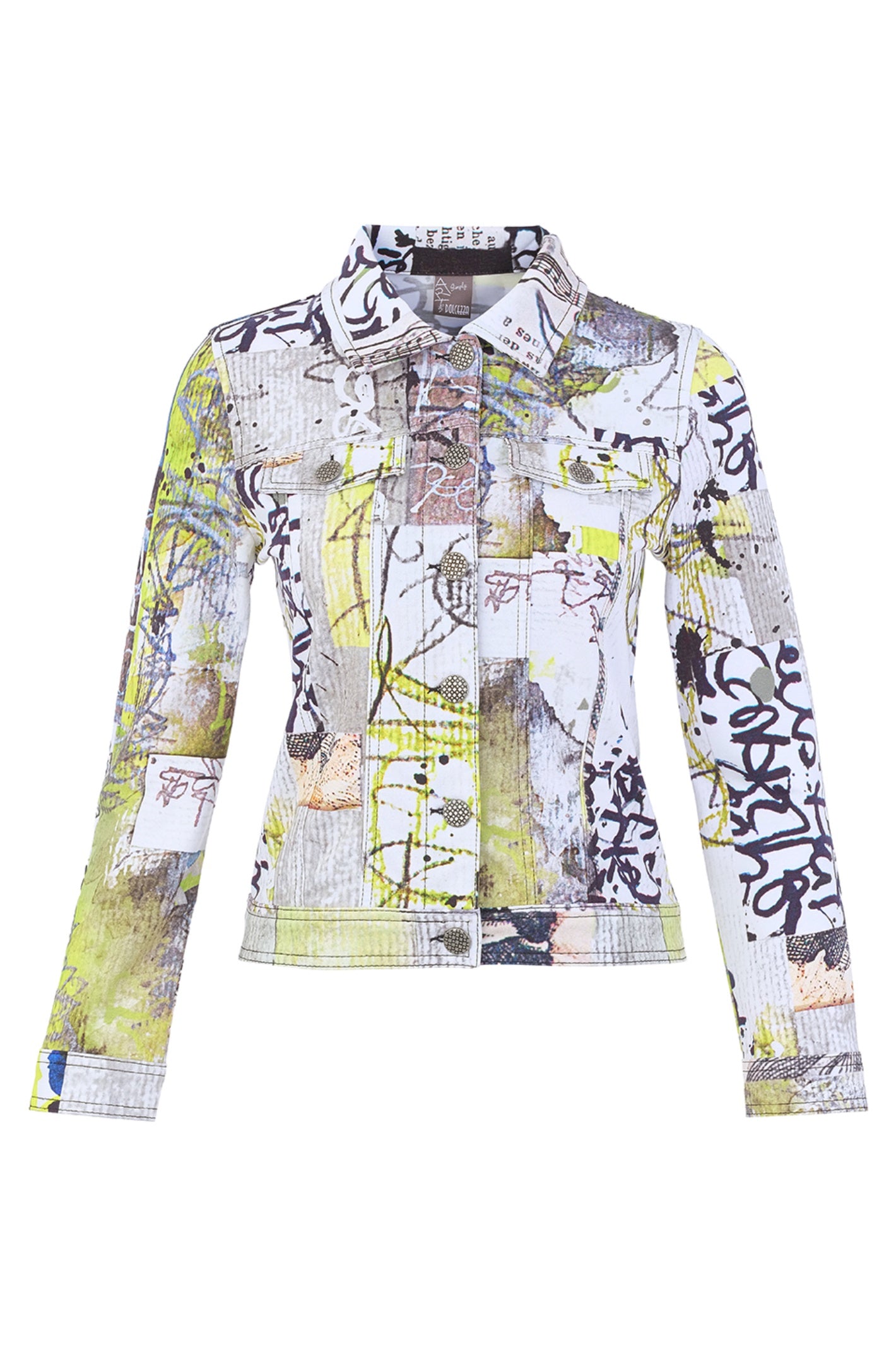 Dolcezza 76726 assorted knit jacket with an abstract collage print, classic collar, chest pockets and button-through front.