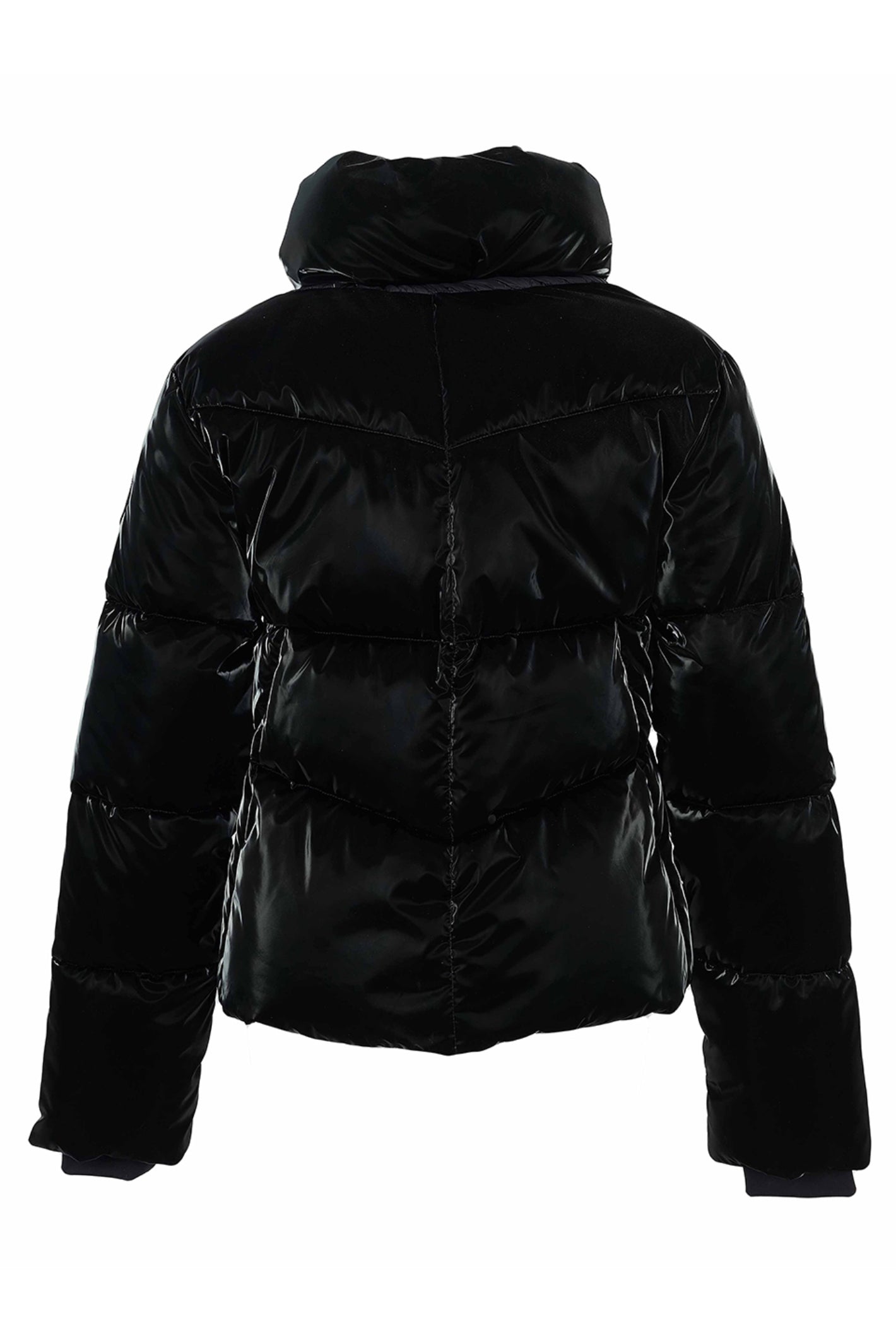 Dolcezza 76807 black padded woven coat with a glossy finish, oversized hood, red contrast lining and full zip fastening.