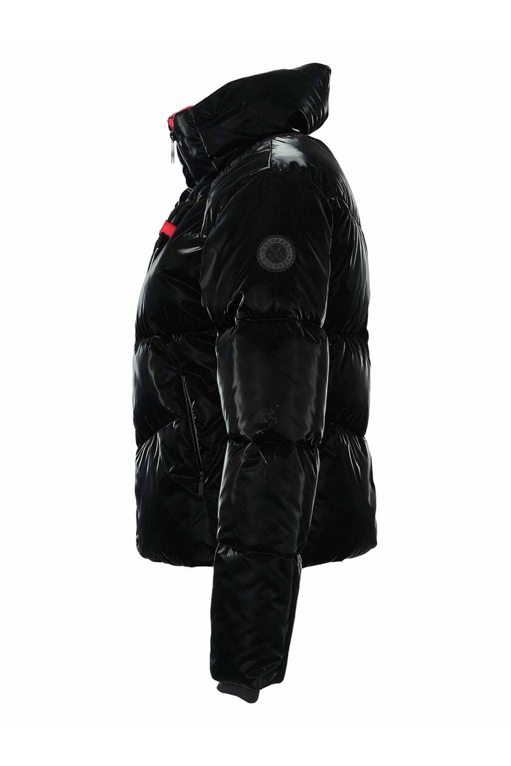 Dolcezza 76807 black padded woven coat with a glossy finish, oversized hood, red contrast lining and full zip fastening.
