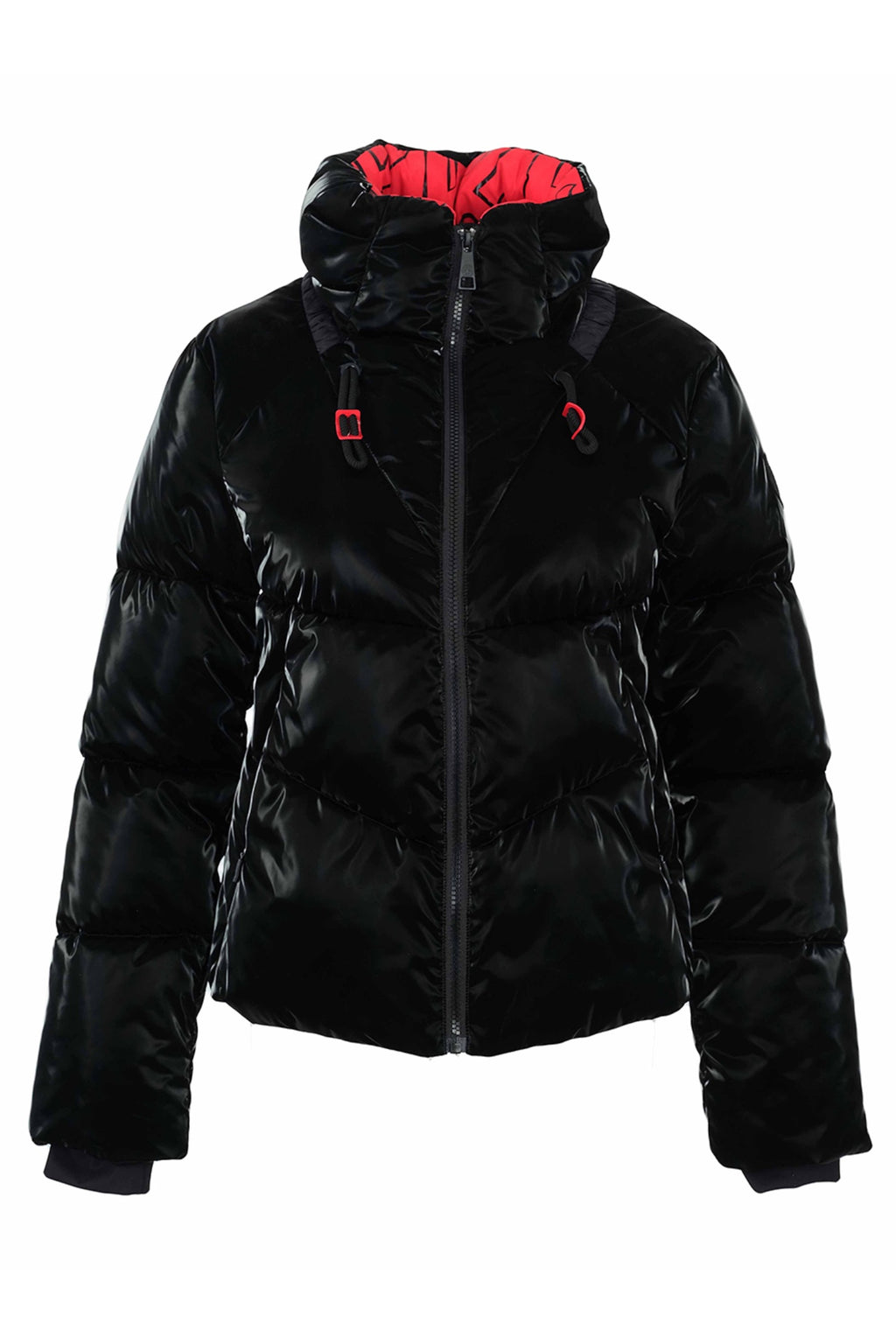 Dolcezza 76807 black padded woven coat with a glossy finish, oversized hood, red contrast lining and full zip fastening.