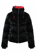 Dolcezza 76807 black padded woven coat with a glossy finish, oversized hood, red contrast lining and full zip fastening.