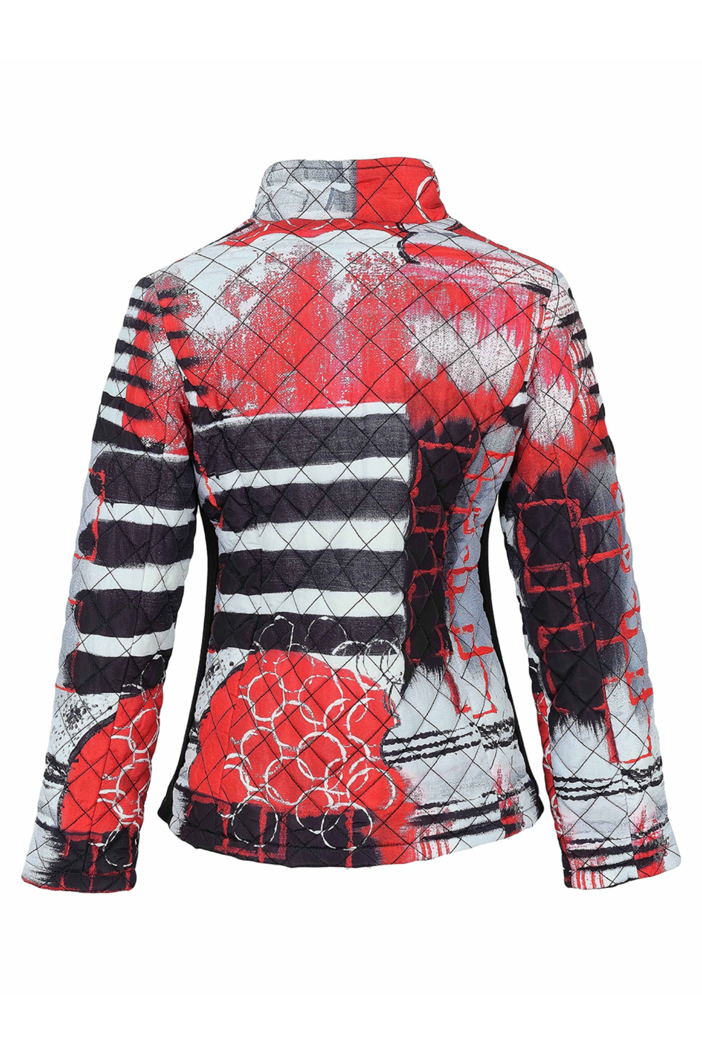 Dolcezza 76811 printed quilted woven jacket in red, black, white and grey with stand collar and zip fastening.
