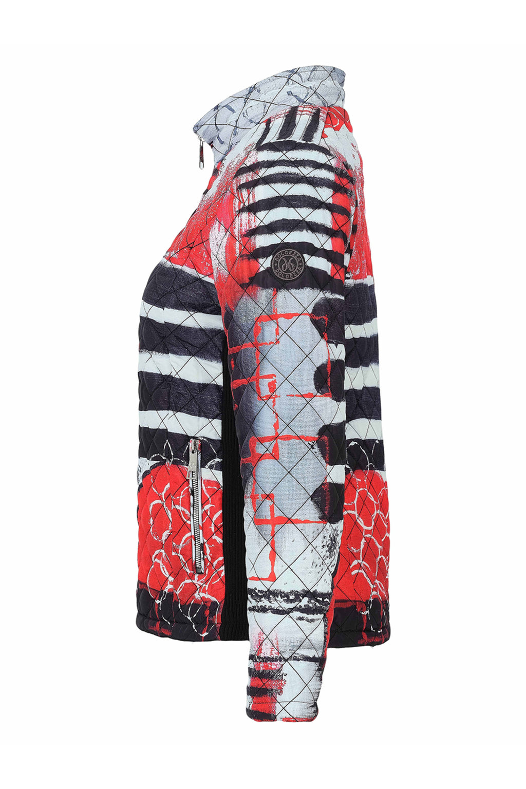 Dolcezza 76811 printed quilted woven jacket in red, black, white and grey with stand collar and zip fastening.