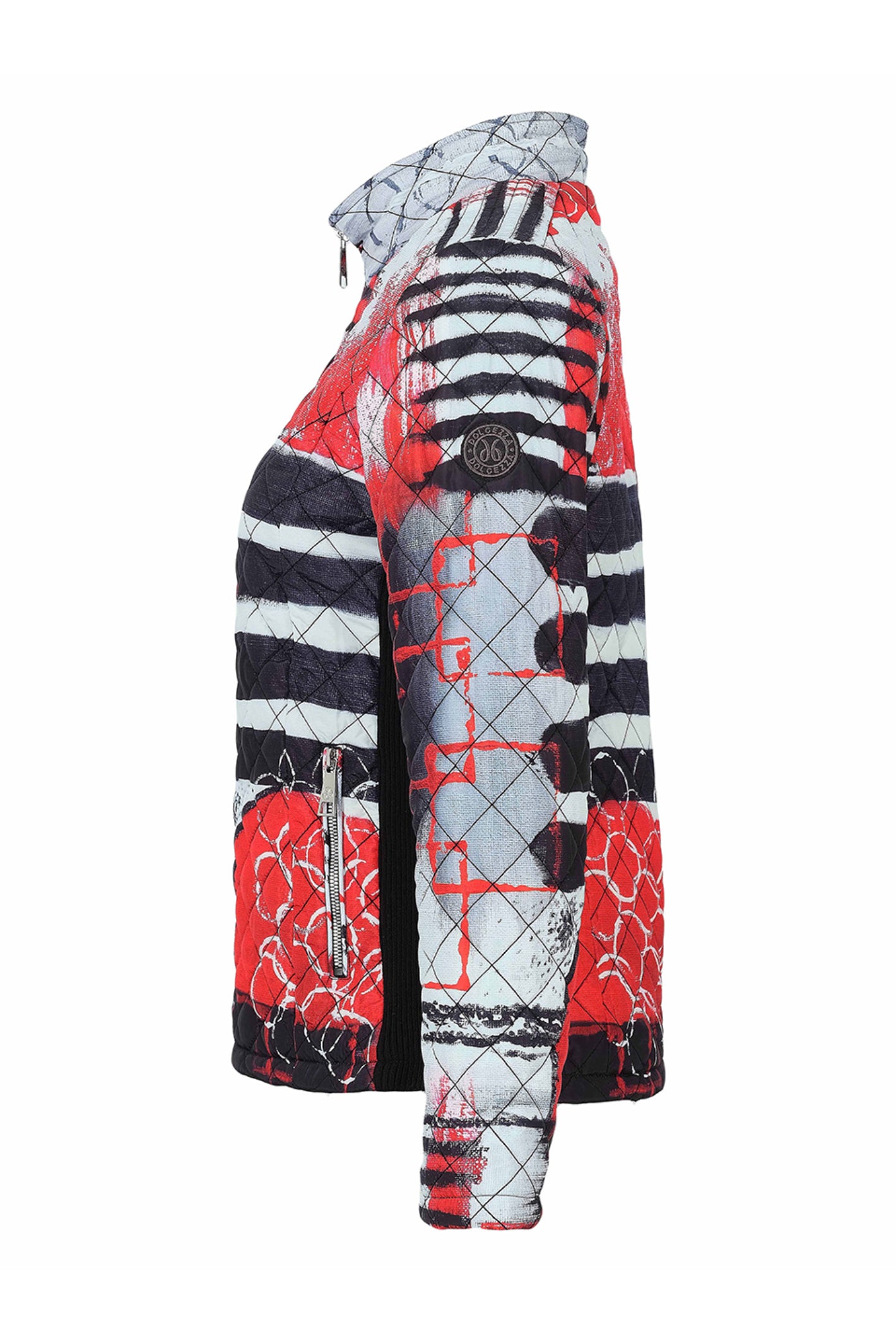 Dolcezza 76811 printed quilted woven jacket in red, black, white and grey with stand collar and zip fastening.